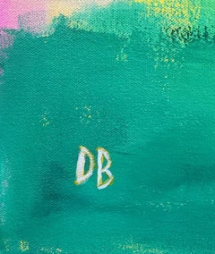 "Fly Away" ; une peinture acrylique abstraite avec des jaunes, des verts et des bleus éclatants.