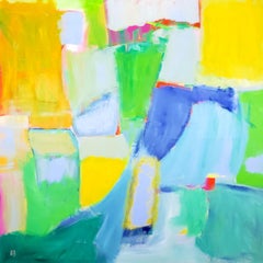 "Fly Away" ; une peinture acrylique abstraite avec des jaunes, des verts et des bleus éclatants.