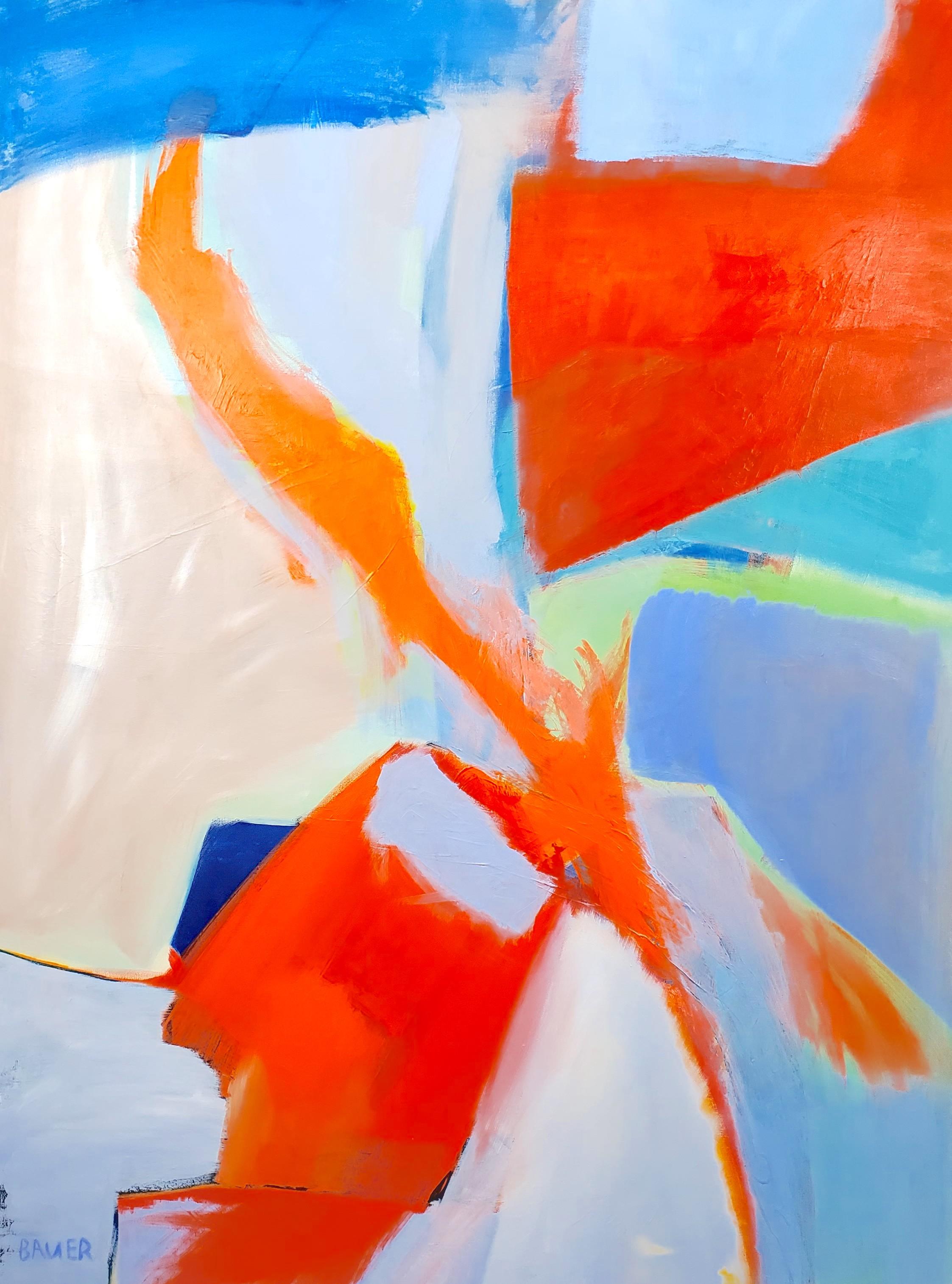 "Wild Thing"; ein abstraktes Acrylgemälde mit leuchtenden Rottönen, Orangen und Blautönen