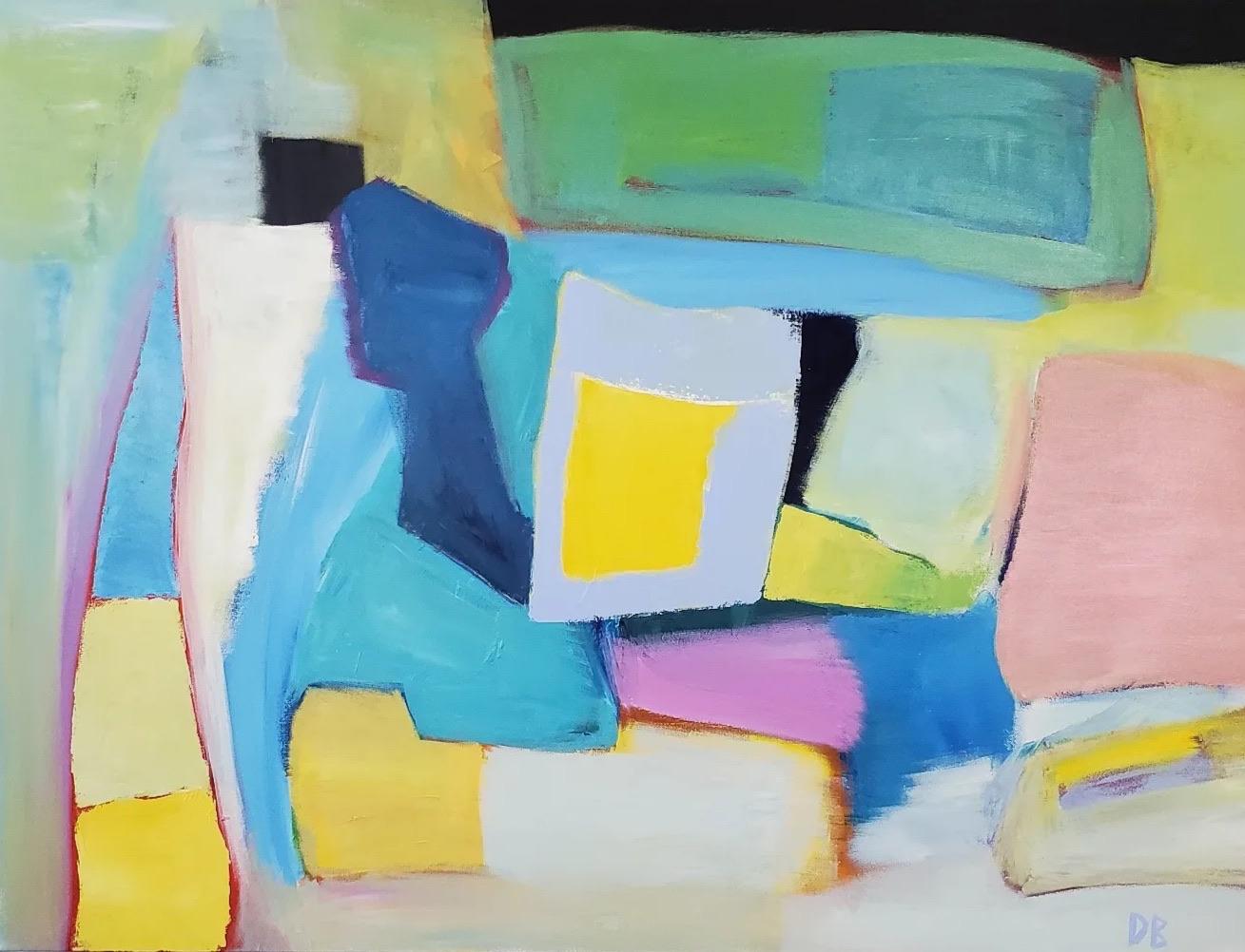 This 36" x 48" acrylic on canvas painting by artist, Doug Bauer, is a dynamic composition of interlocking geometric and organic forms rendered in a vibrant palette of blues, greens, yellows, pinks, and whites that create a sense of spatial ambiguity