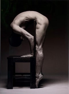 Centerfold - Muscular Male Nude Bent Over Wooden Chair, Black & White Photograph