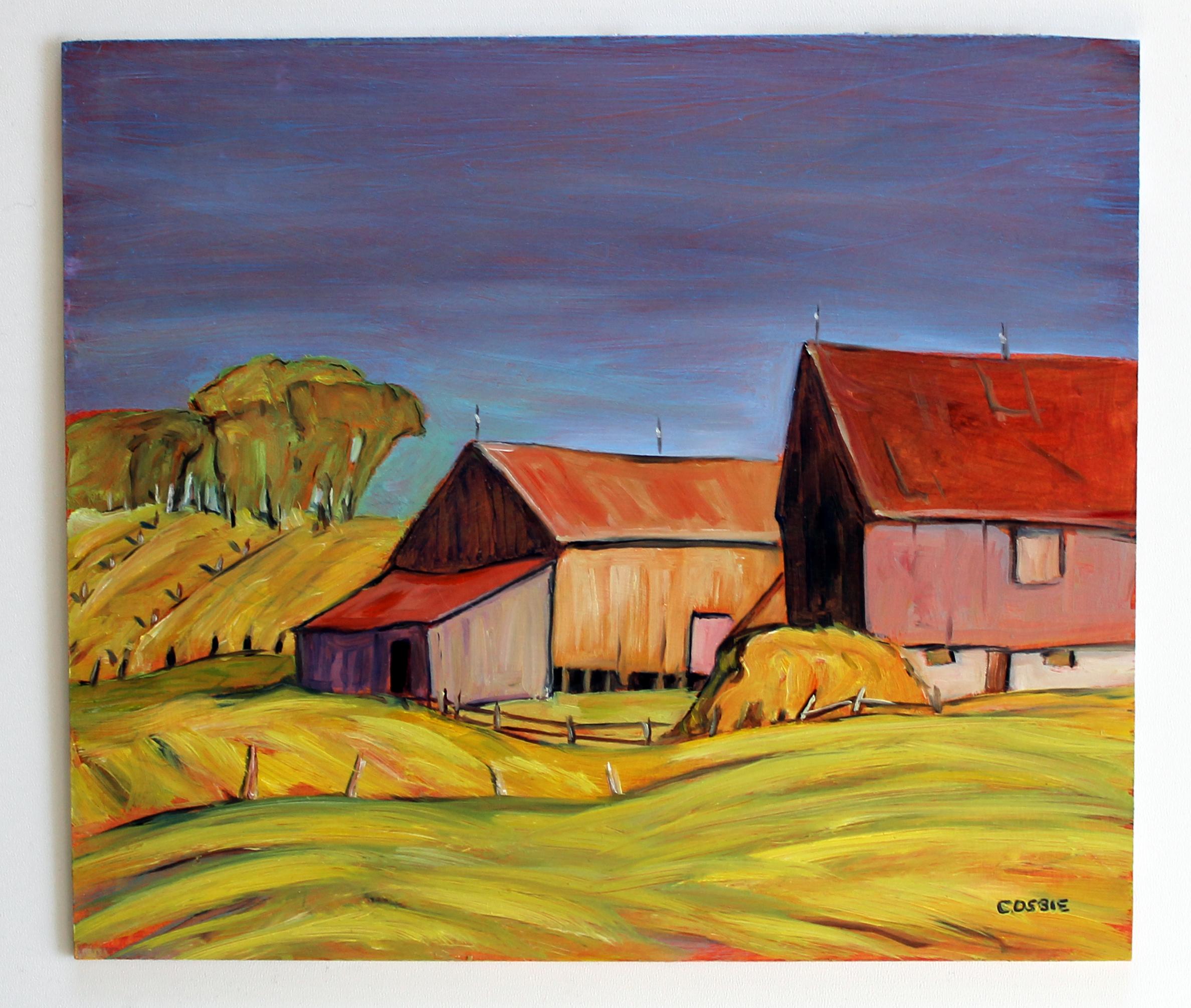 <p>Artist Comments<br>Artist Doug Cosbie pictures an impressionist view of a farm in Virginia. Bales of hay set upright the rustic barns of Fauquier County. Doug embodies the smell of the damp earth as dark rain clouds recede and the sky clears up.