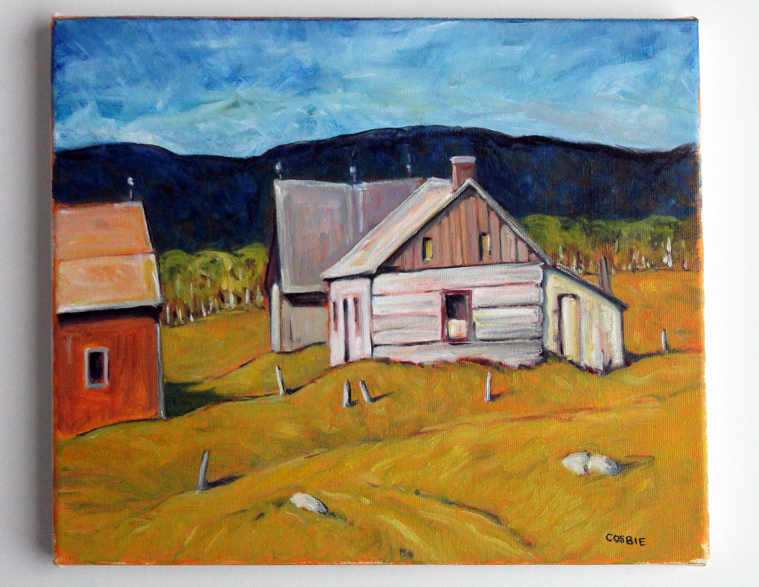 <p>Artist Comments<br>This painting depicts the rustic log houses populating the starting point of the Blue Ridge Trail, stretching from Southern Pennsylvania to Georgia. The saturated colors of the grass and the blue sky suggest a bright, sunny