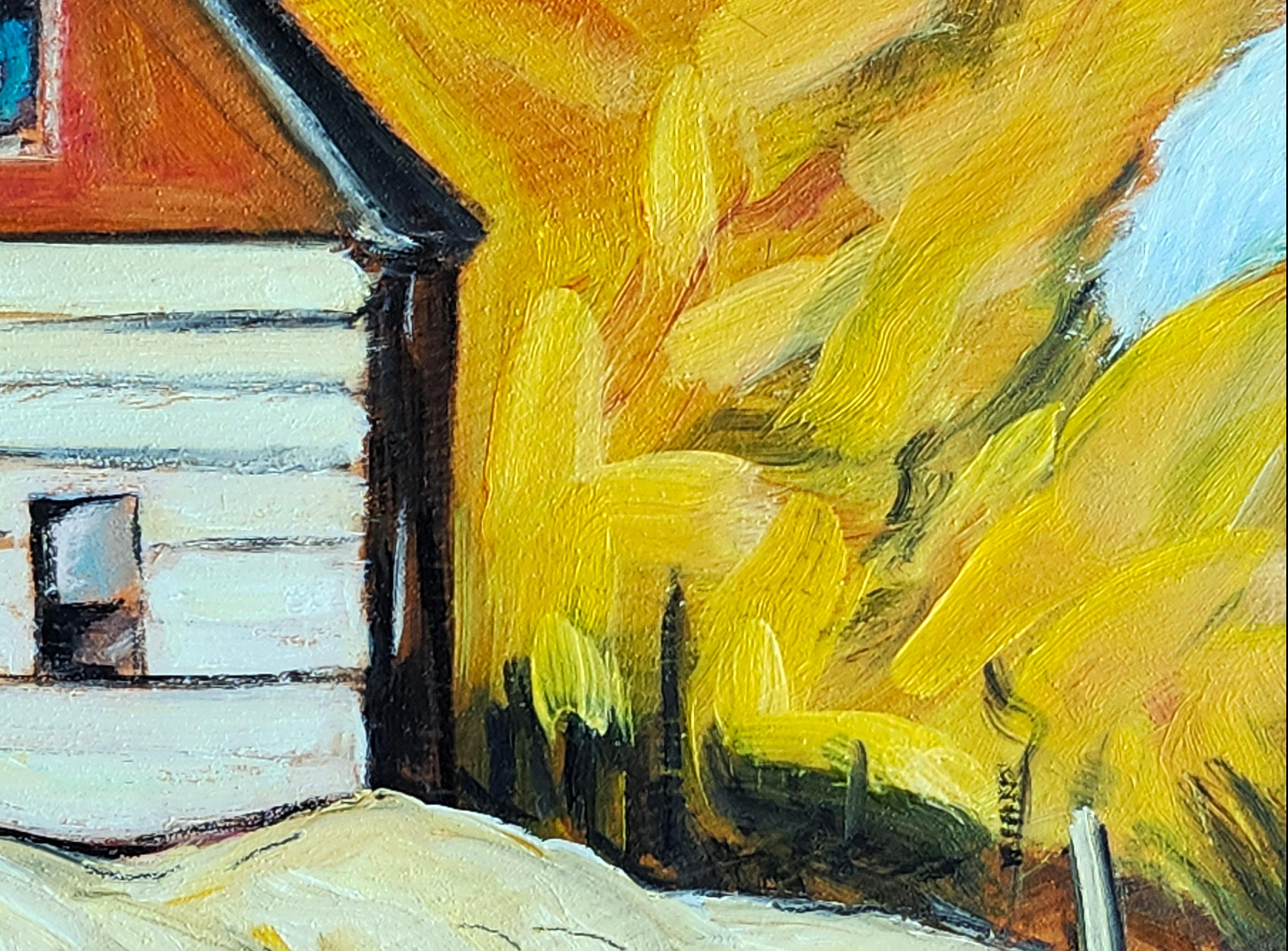 <p>Artist Comments<br />Old Swedish-style log and board farmhouses still stand in Berks County, Pennsylvania. In this painting, blazing fall colors frame a deep red house, contrasting with the clear Kodak-blue sky. The grass in the foreground adds a