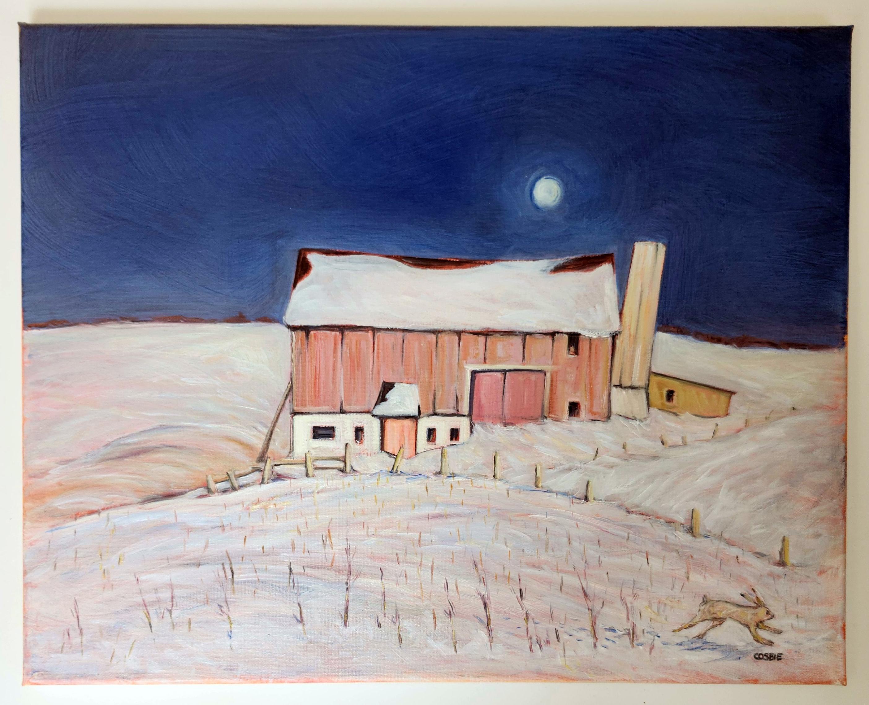 <p>Artist Comments<br>The moon casts a soft glow over the snowy landscape. A jackrabbitâ€™s sudden flight disrupts the stillness of the winter night. Gentle strokes and muted tones evoke the quiet beauty of the frosty scene.</p><br/><p>About the