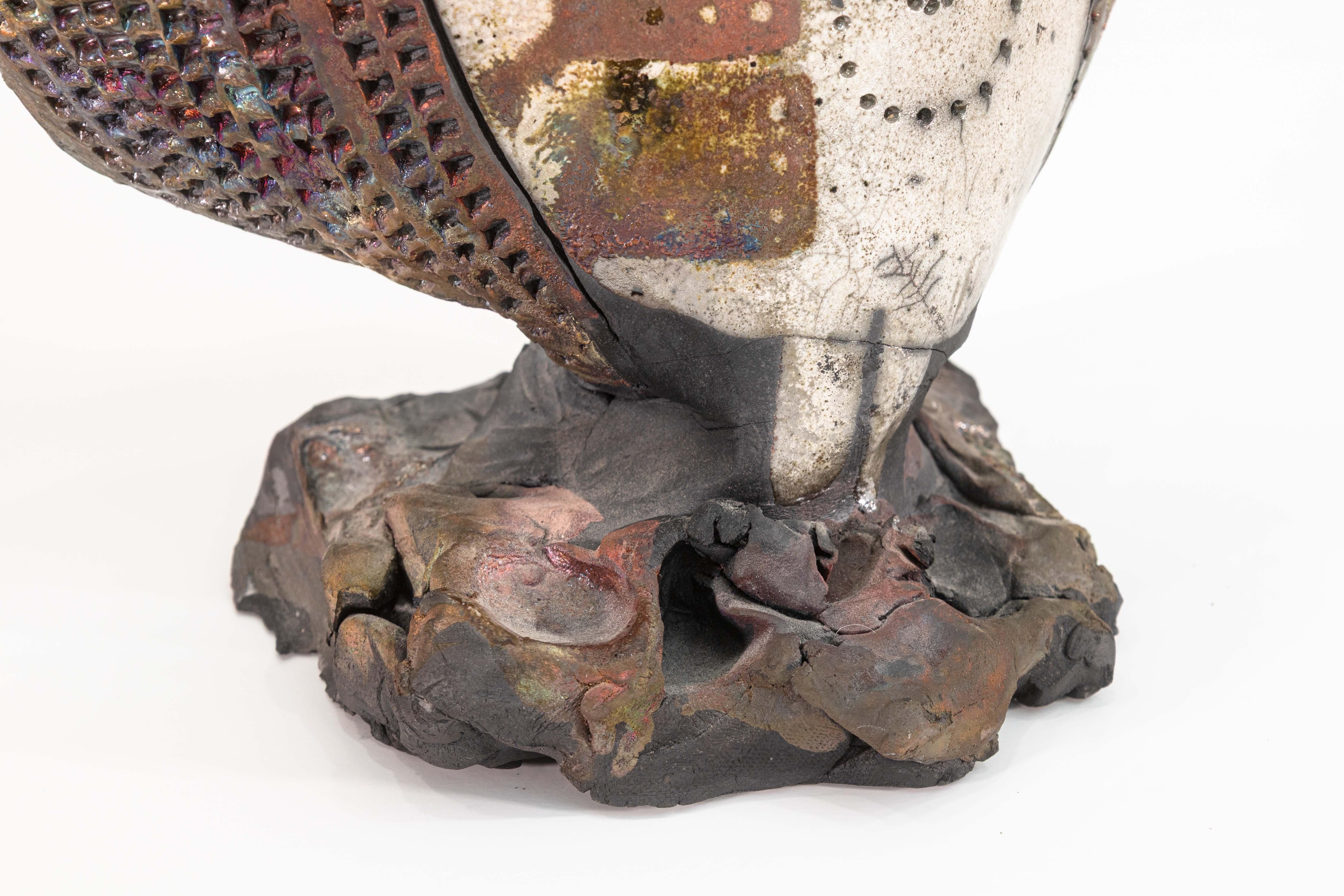Late 20th Century Doug Delind Signed Brutalist Modern Owl Raku Art Ceramic Pottery Sculpture 1990s For Sale
