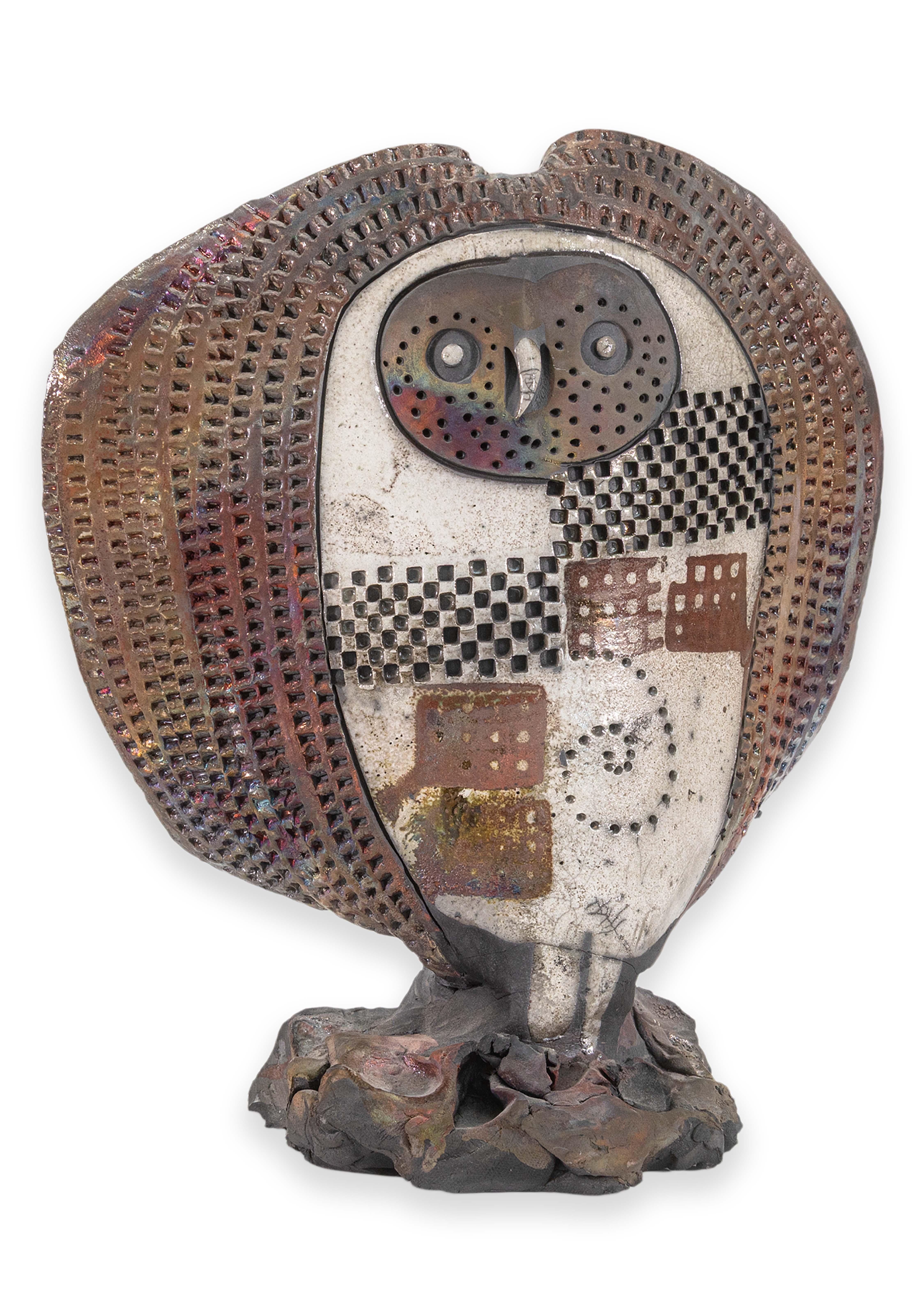 Doug Delind Signed Brutalist Modern Owl Raku Art Ceramic Pottery Sculpture 1990s For Sale 2