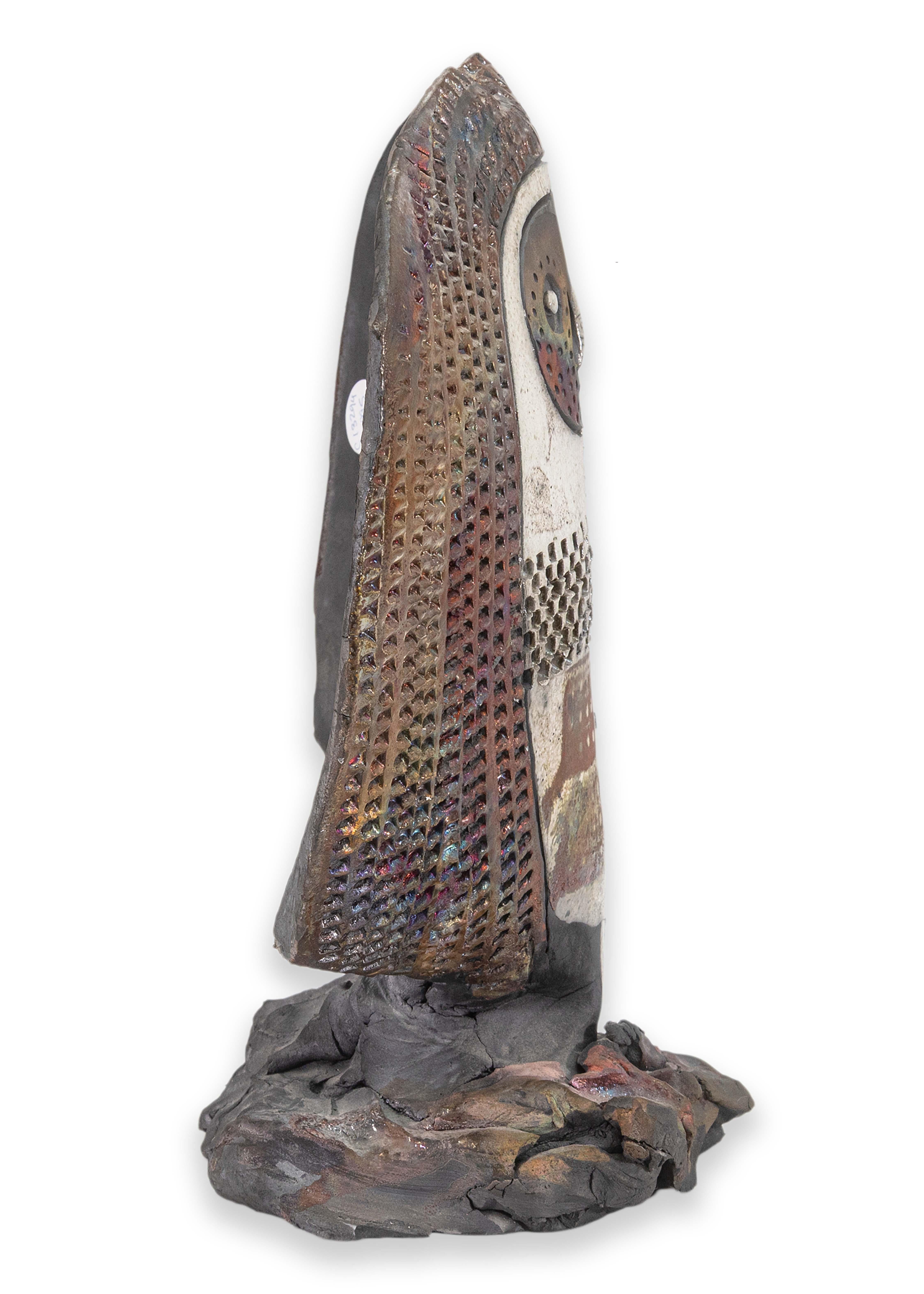 Doug Delind Signed Brutalist Modern Owl Raku Art Ceramic Pottery Sculpture 1990s For Sale 3
