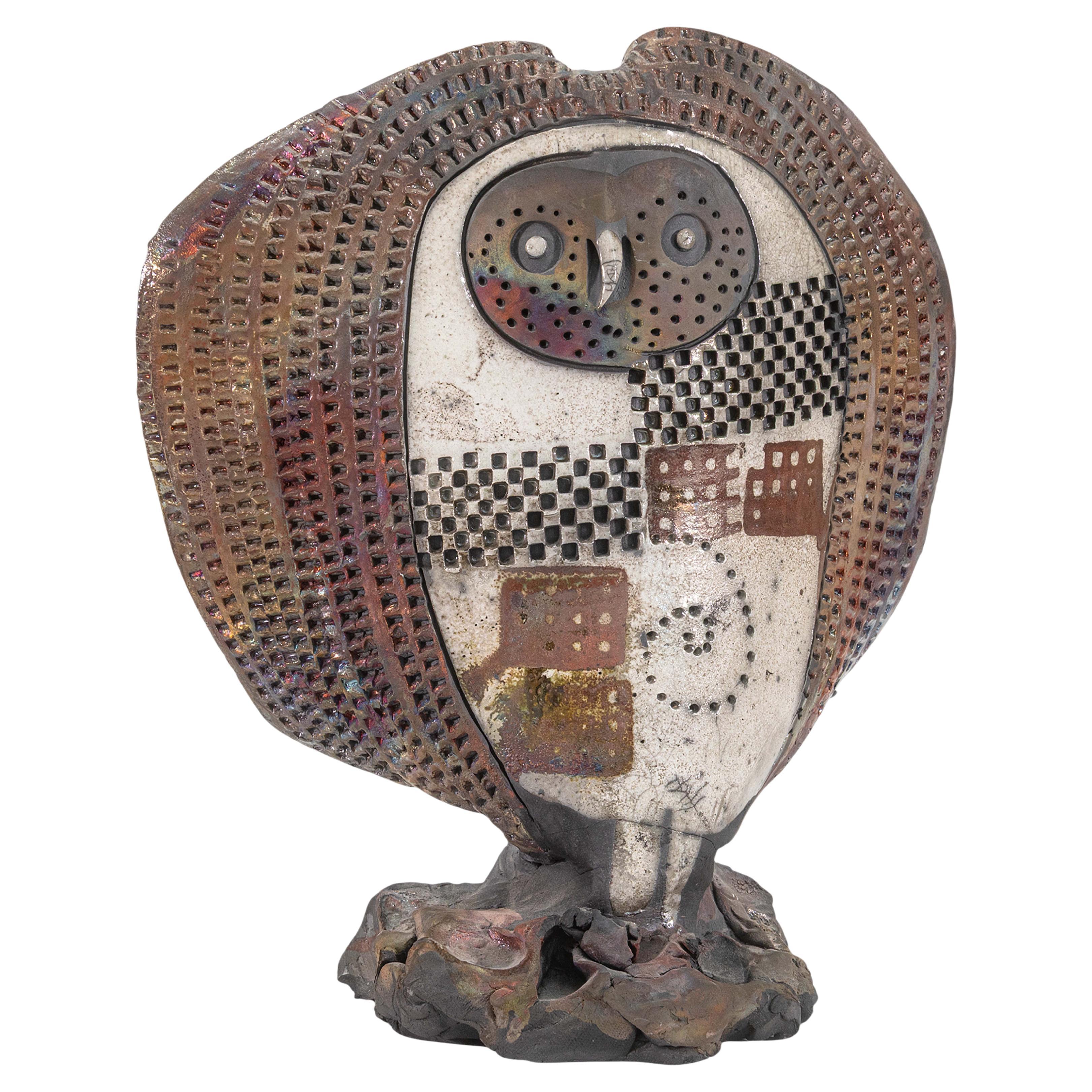 Doug Delind Signed Brutalist Modern Owl Raku Art Ceramic Pottery Sculpture 1990s For Sale