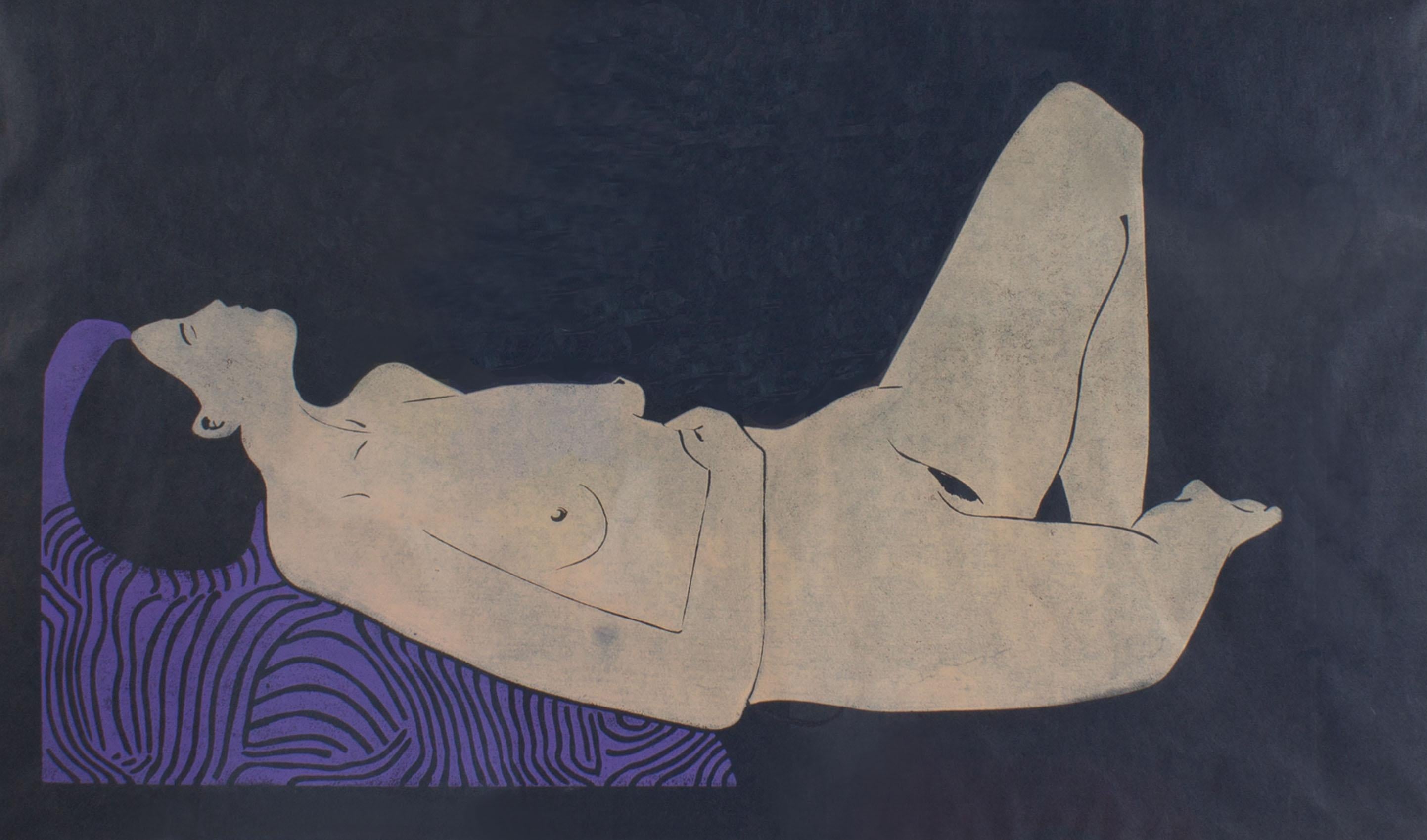 A limited edition relief print titled Nude by American artist Doug Delind (born 1947). A reclining nude female figure is depicted against a dark navy background in this abstract work. The figure in the composition rests on a purple cushion with an