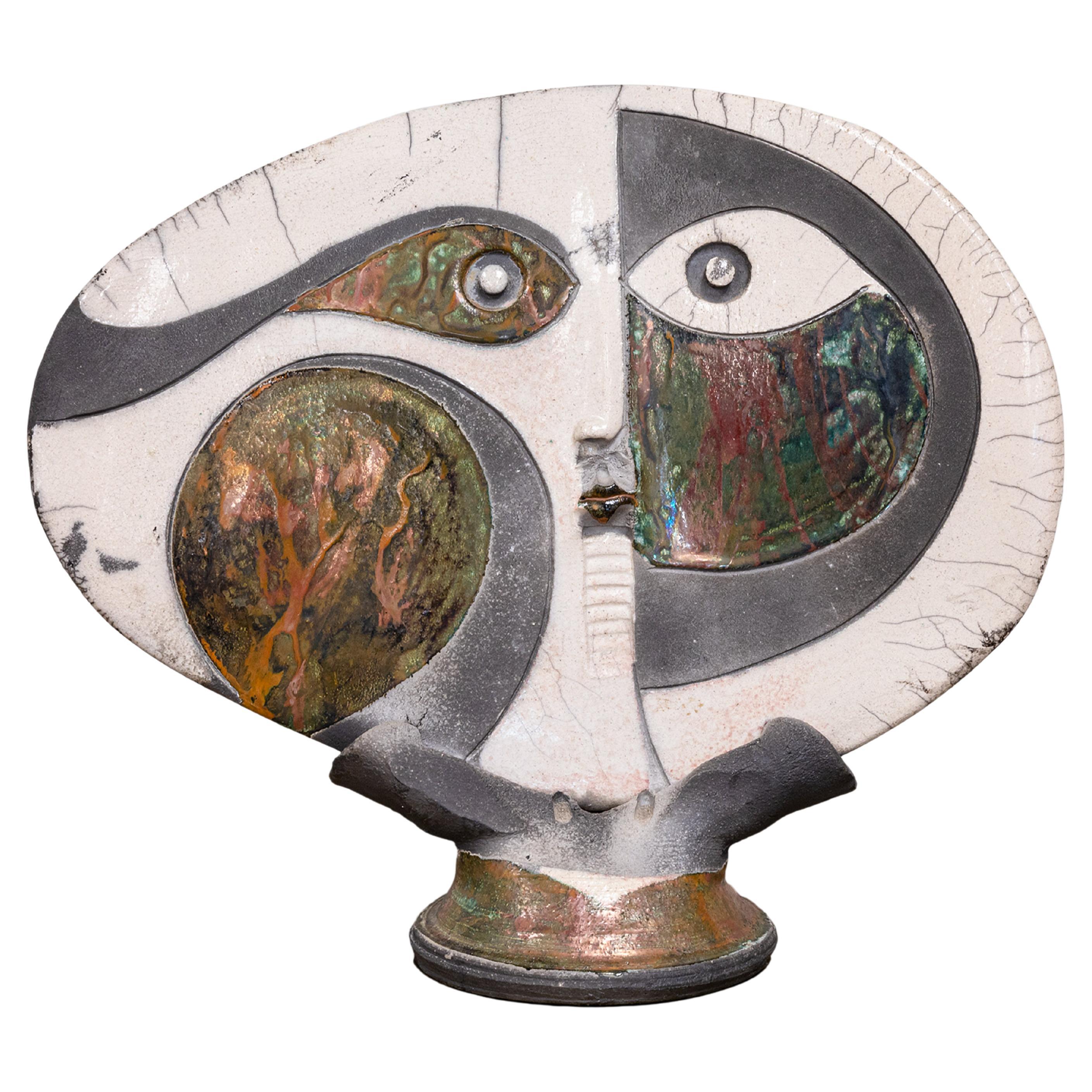 Doug DeLind Firmado Studio Pottery Escultura de cerámica Raku Rostro abstracto Años 80