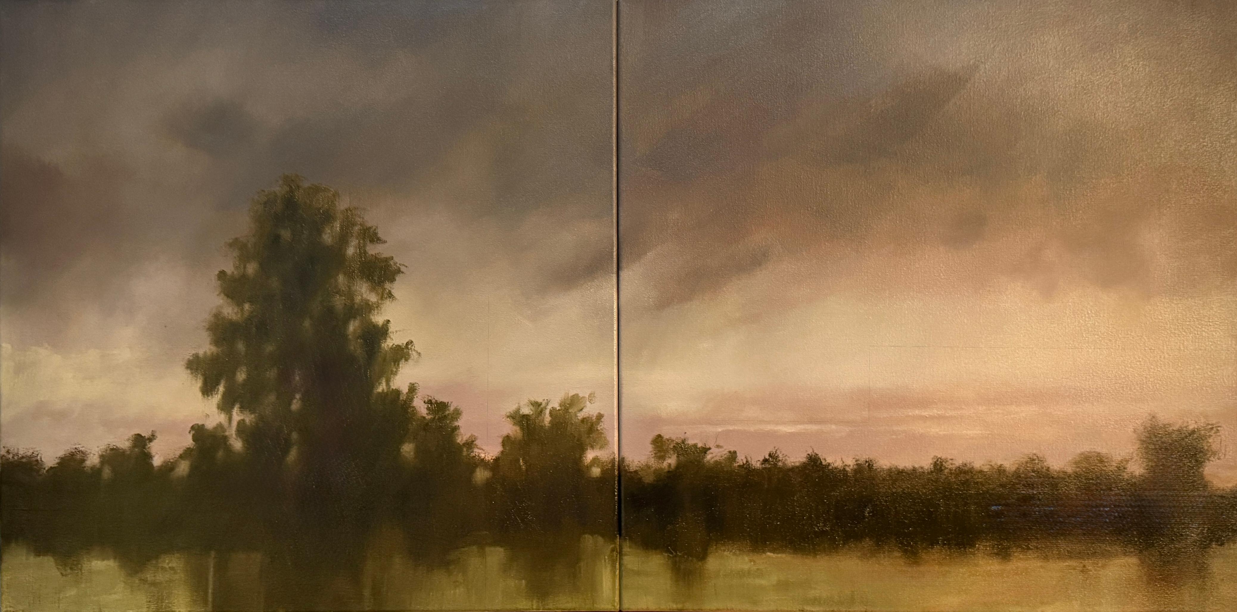 Dipinto a olio contemporaneo che ritrae un paesaggio suggestivo, realizzato con tonalità terrose e malinconiche