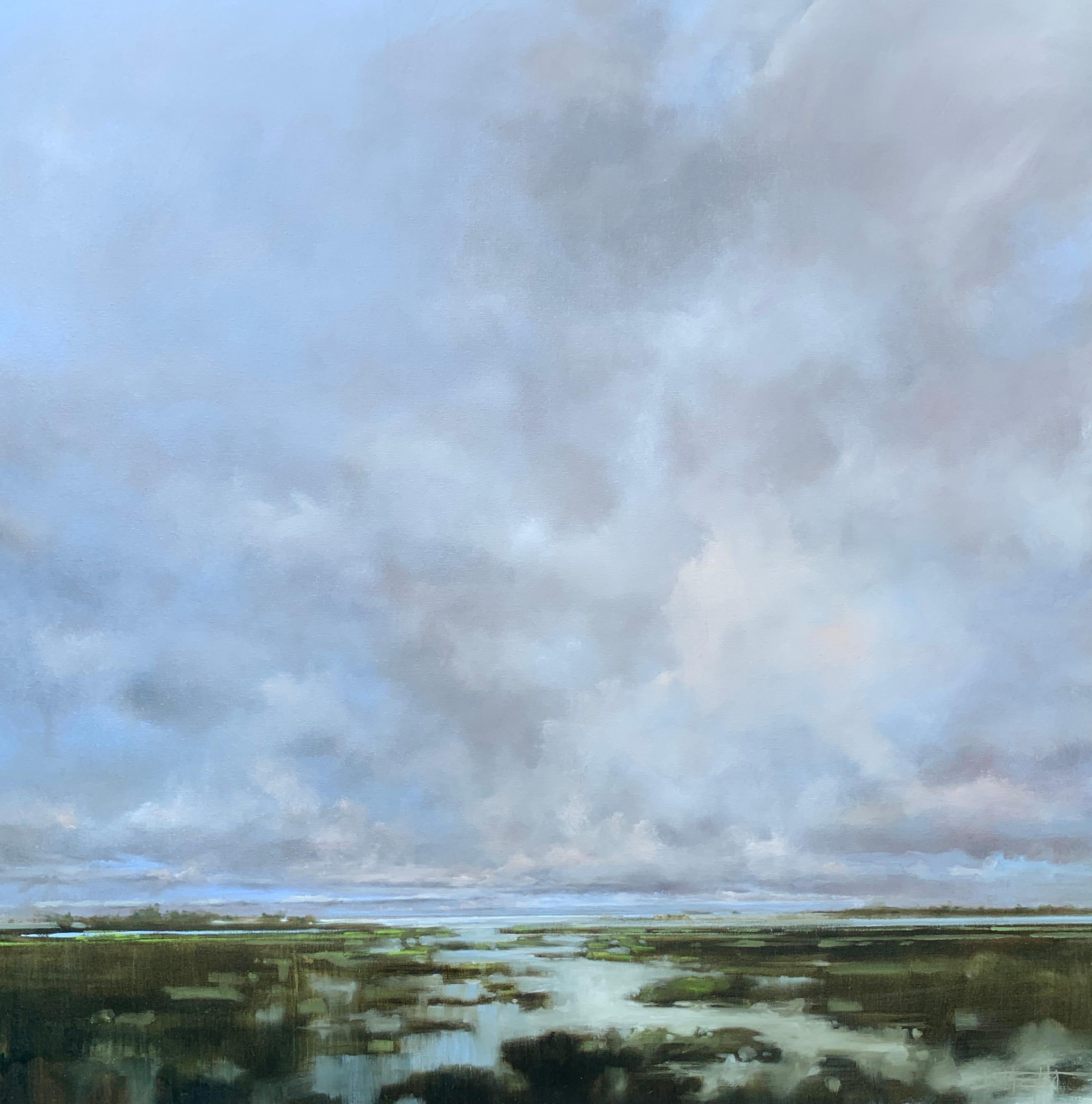 'If It Once Was Different, It Can Be Different Again' is a large contemporary oil on canvas landscape painting created by American artist Doug Foltz in 2021. Featuring a palette made of grey, blue, white and greens among other tones, the painting