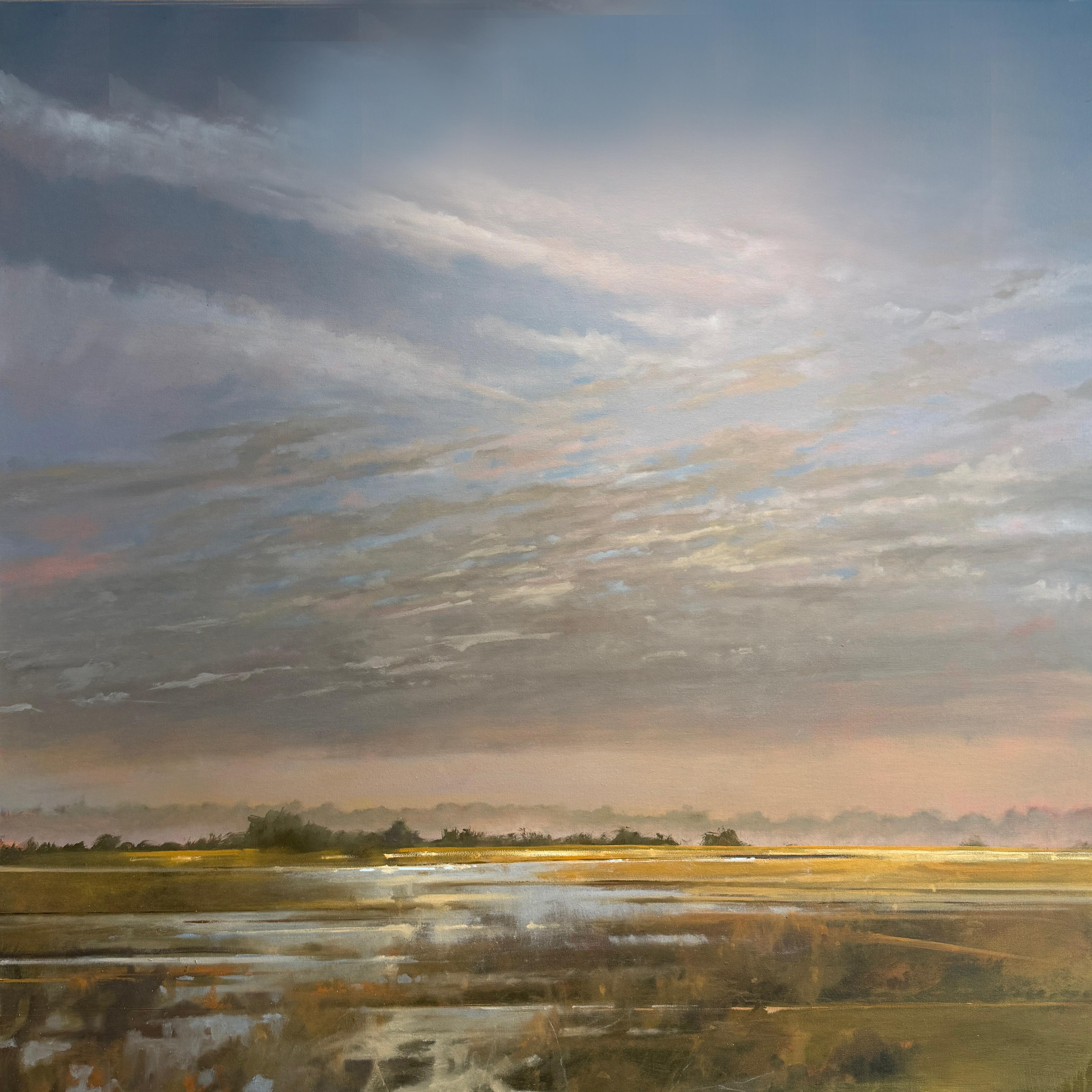 Large Contemporary Coastal Marsh Landscape Oil Painting with Expansive Sky