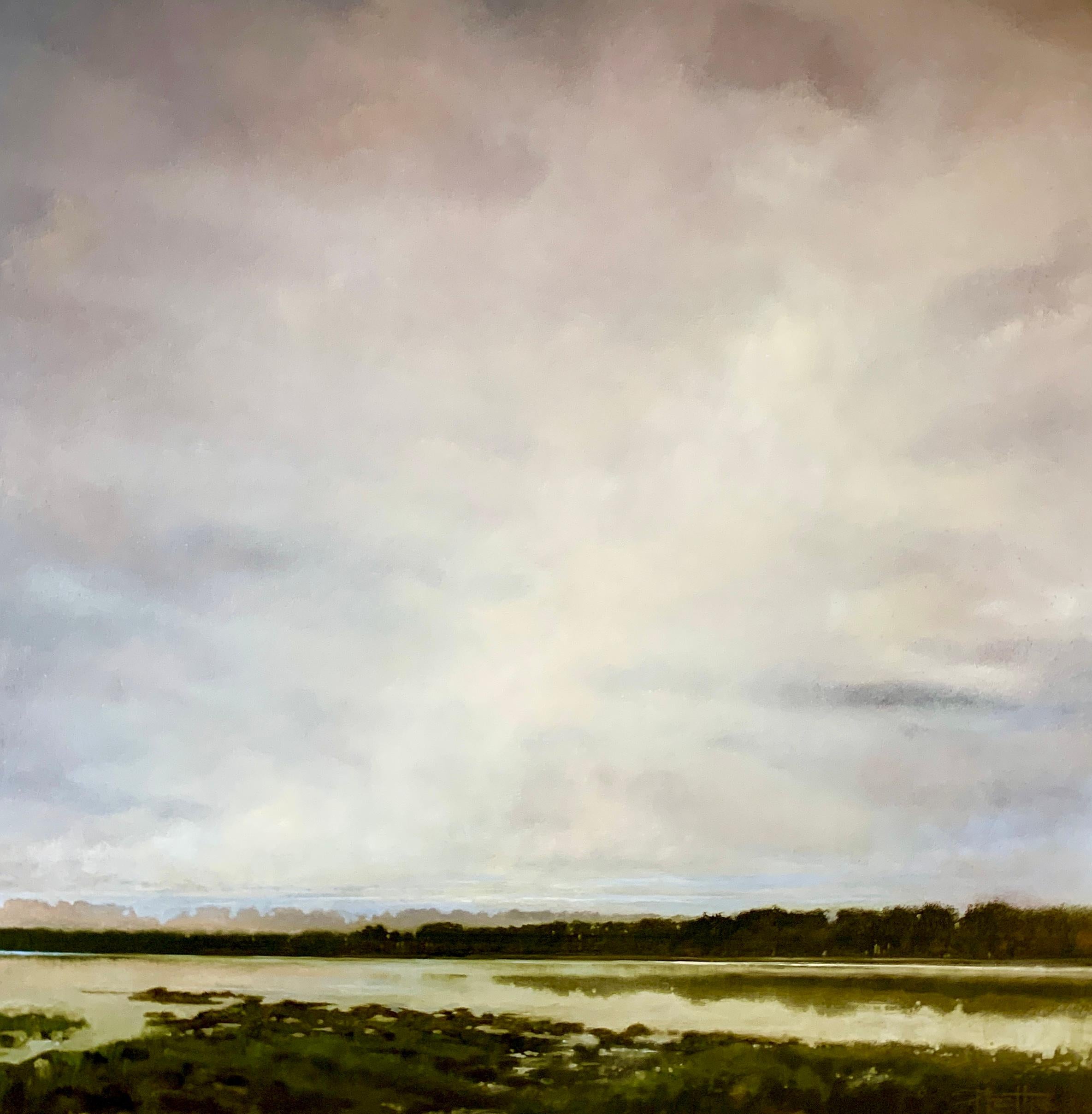 'More Than Just a Memory' is a large contemporary oil on canvas landscape painting created by American artist Doug Foltz in 2021. Featuring a palette made of grey, blue, white and greens among other tones, the painting depicts an exquisite marsh
