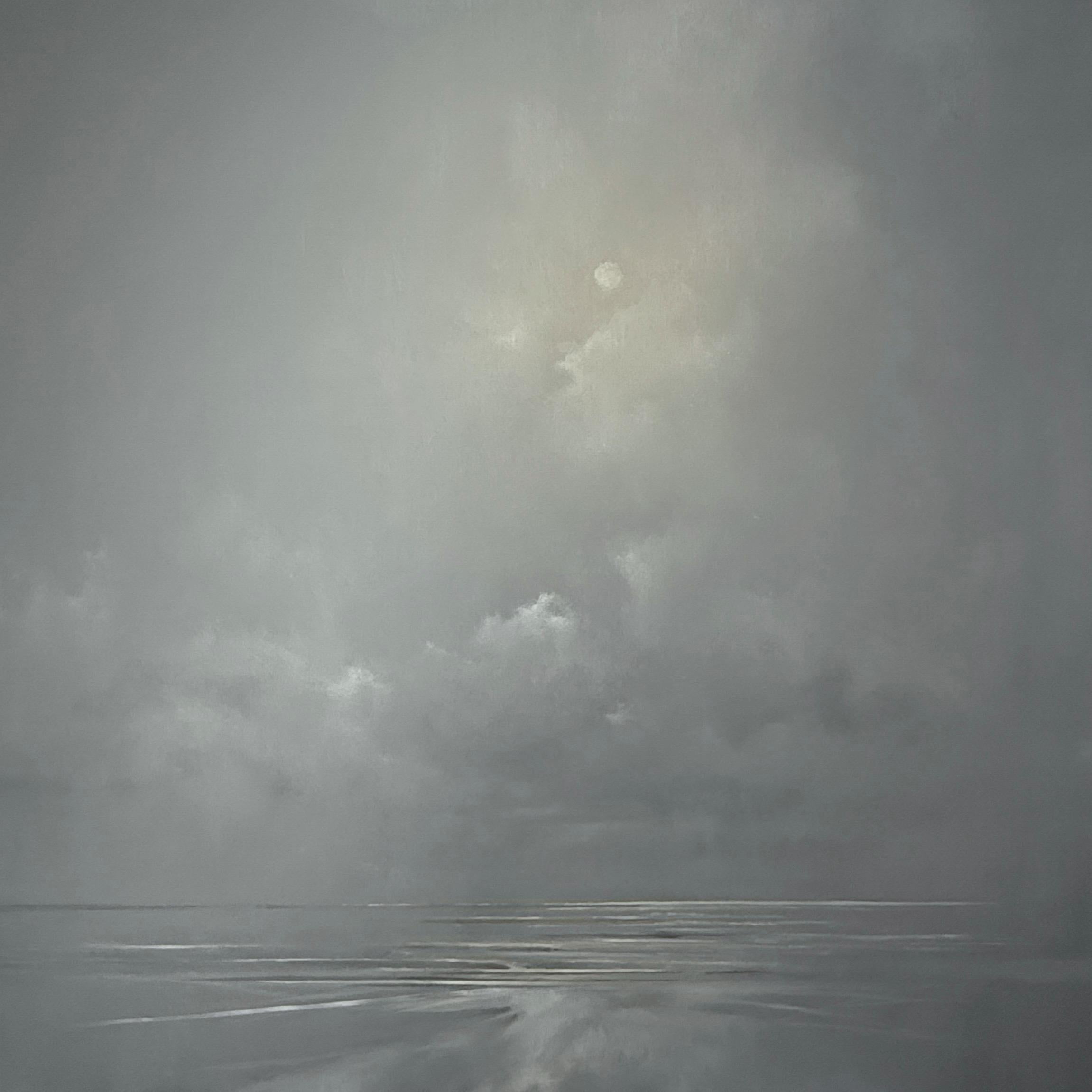 Known for his luminous, atmospheric landscapes, Doug Foltz masterfully captures both vastness and intimacy in She Was Always Quick to Forgive. Rendered in soft tonal grays and silvers, the canvas radiates quiet strength and stillness. A subtle orb