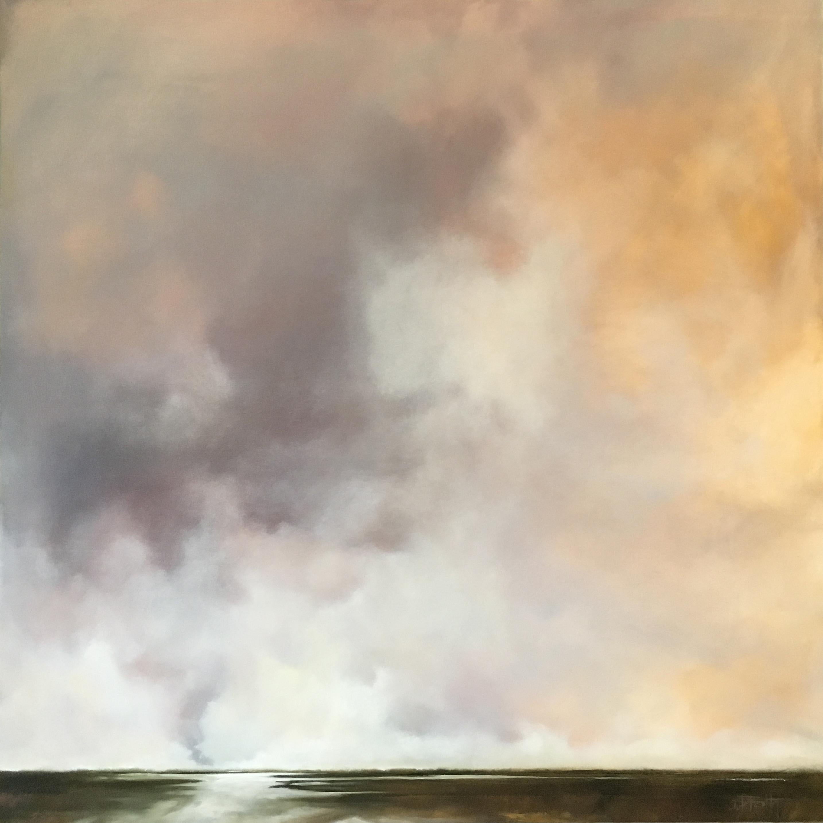 'Unlined by the Suffering of Complex Thought' is a large contemporary oil on canvas seascape painting of square format created by American artist Doug Foltz in 2019. Featuring a palette made of gold, grey, white and dark green tones among others,