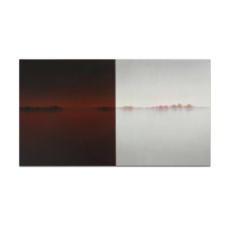 Glowing by artist Doug Freed is a red and white contemporary abstract landscape, oil on canvas, that measures 48 x 75 and is priced at $10,000.
Doug Freed attempts to capture the mystical light found in natural atmospheric effects: the haze in the