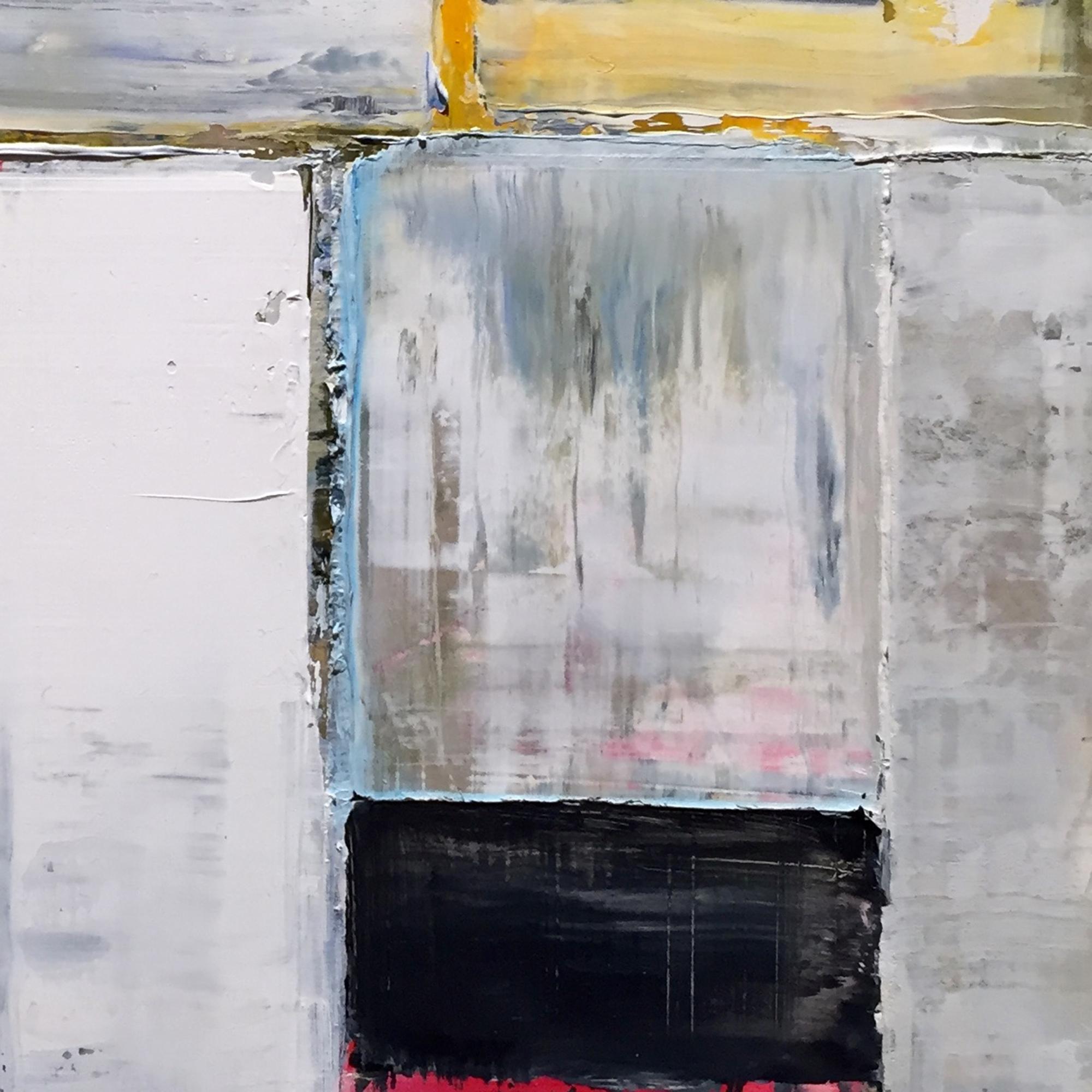 Peinture à grille abstraite « Screens » représentant des motifs or, noir, gris, bleu et jaune - Géométrique abstrait Painting par Doug Frohman