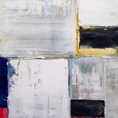 'Schermi' Pittura astratta a griglia con oro, nero, grigio, blu e giallo