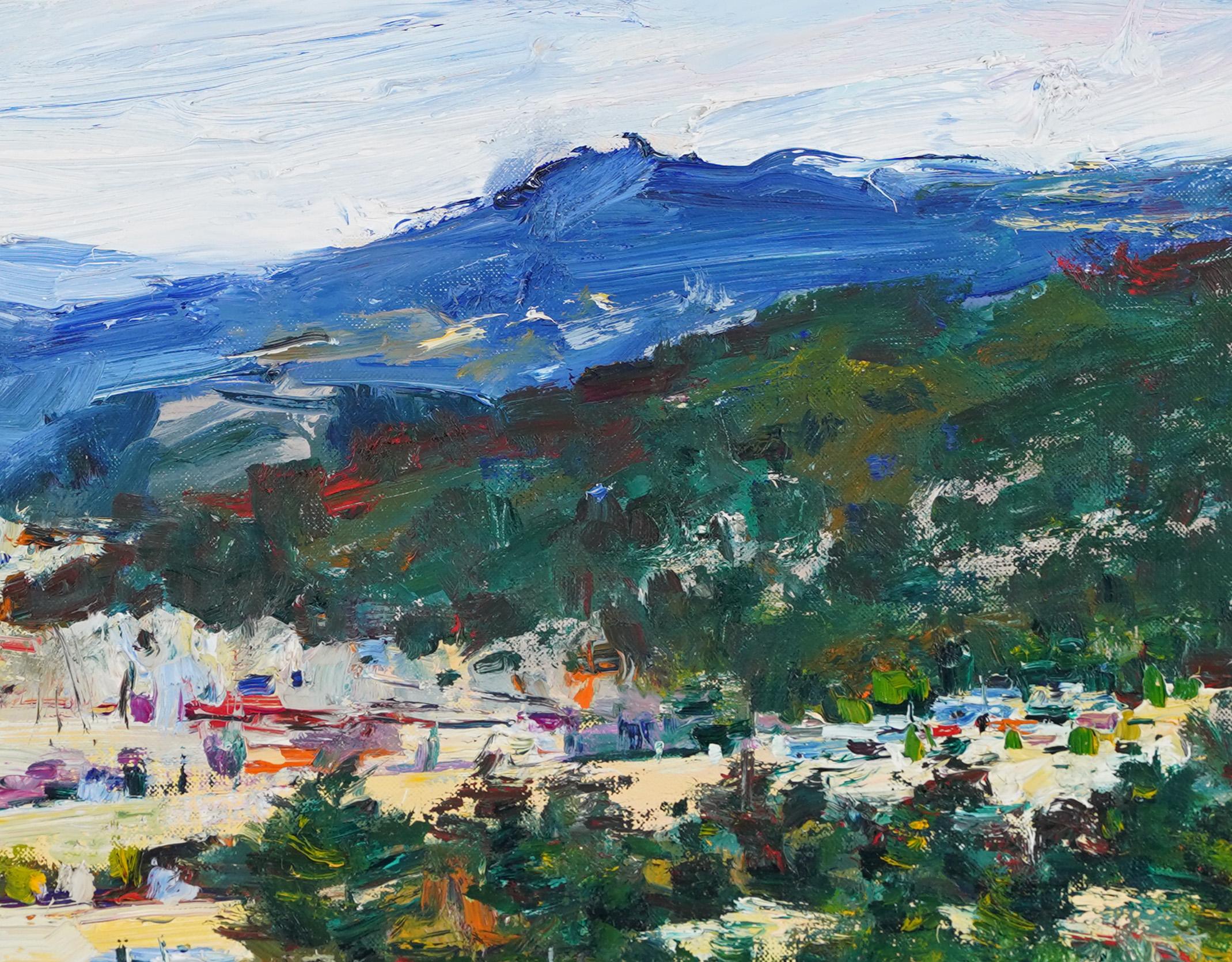 Antiguo cuadro al óleo firmado de un paisaje californiano impresionista americano.  Óleo sobre lienzo.  Firmado.  Enmarcado.  Tamaño de la imagen, 18L x 14H.