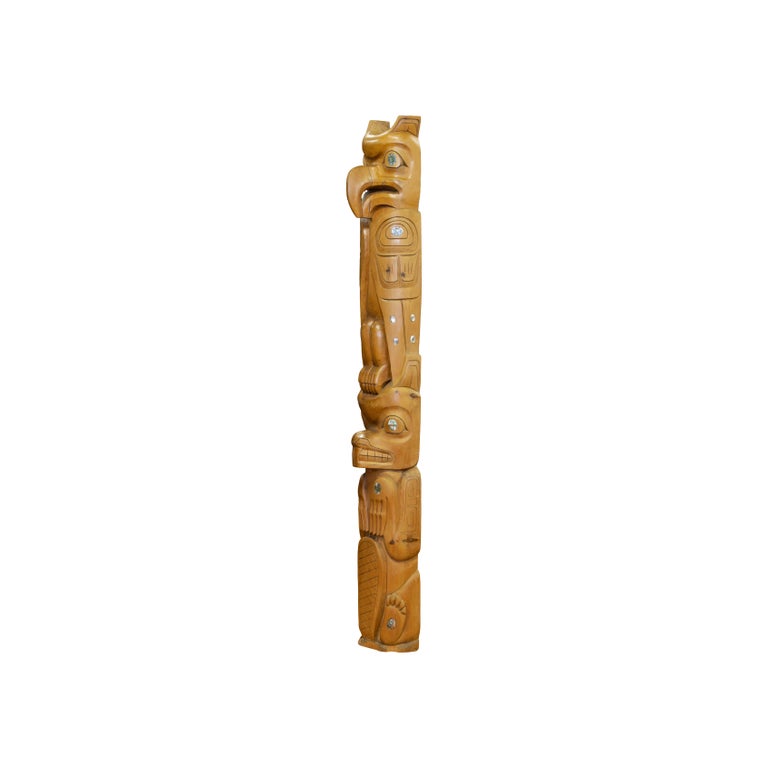 Native American Doug Lafortune Sr. Salish Carved Wood and Abalone TOTEM Pole For Sale