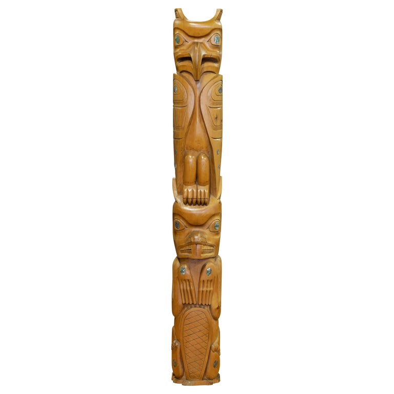 Doug Lafortune Sr. Salish Carved Wood and Abalone TOTEM Pole For Sale