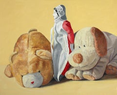Doll, Dog, and Bear, yellow tones, toys oil painting