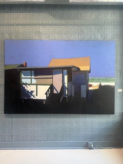 "Beach Shack II" großformatiges Ölgemälde eines bescheidenen Hauses am Meer, kühle Töne