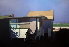 "Beach Shack II" large scale oil painting of modest house by the sea, cool tones