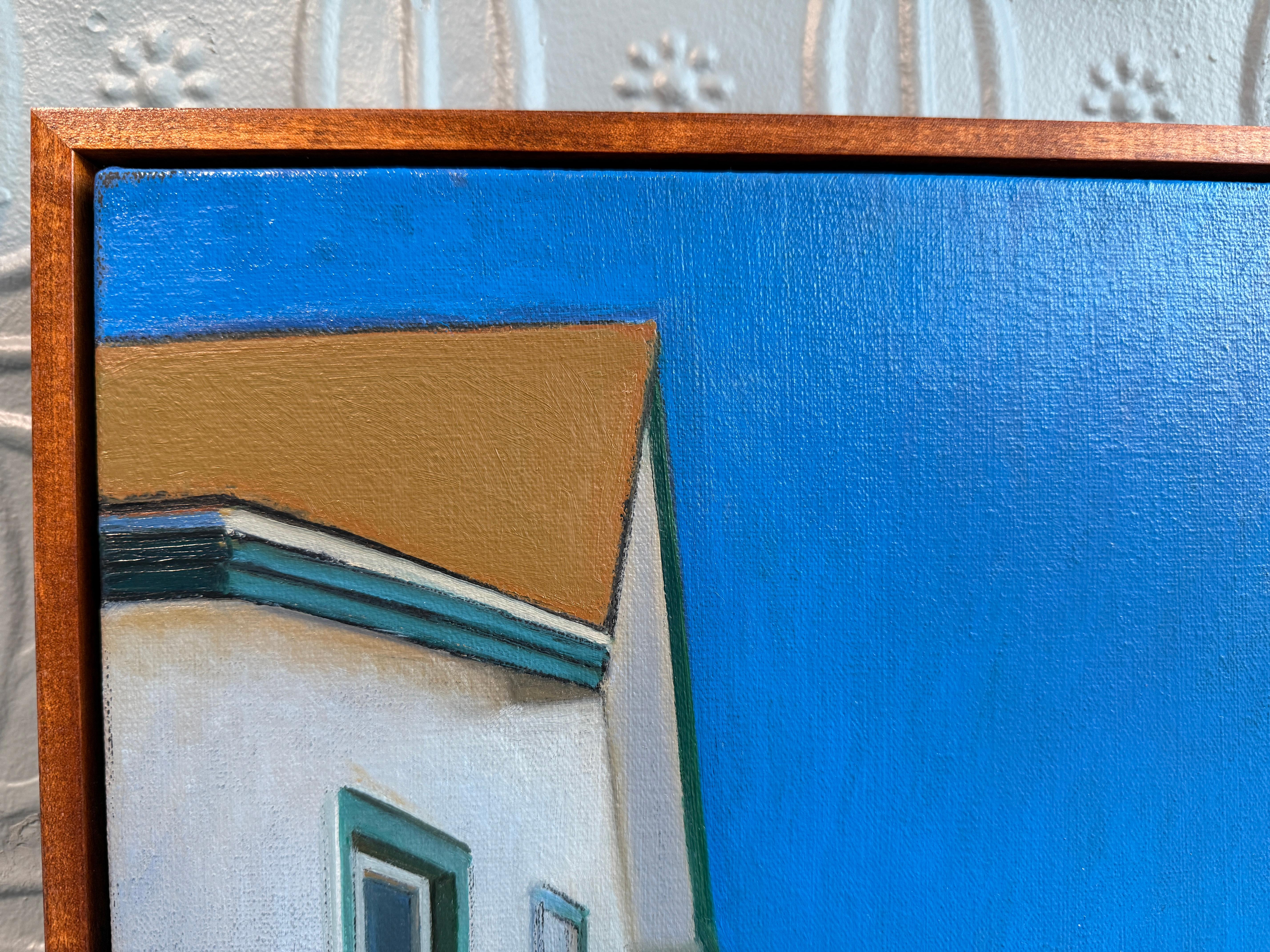 Ein Ölgemälde von Doug Reina (geb. 1959)  Long Island) eines bescheidenen Strandbungalows, der einen Schatten auf die Stranddünen wirft. Ein Fenster wird aufgerissen. Der Himmel ist von einem satten Kobaltblau. 

Gerahmt in einem schlichten,