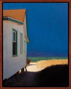 "Vista laterale del cottage, studio" pittura a olio, casa sulla spiaggia, paesaggio marino ad alto contrasto
