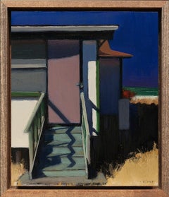 "Choza de la Puerta de Ciruela" pintura al óleo contemporánea choza de playa que proyecta sombras coloridas