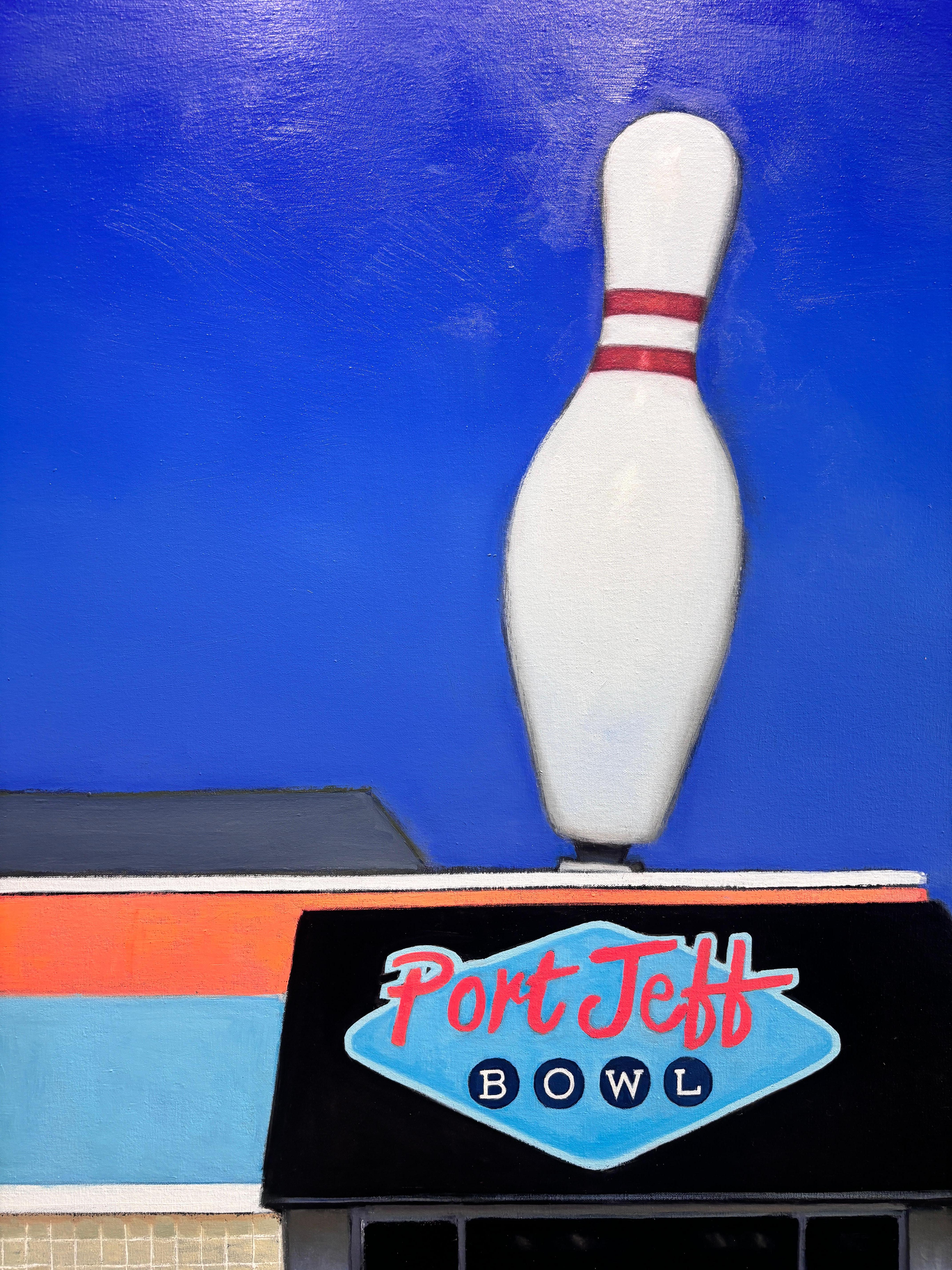 “Port Jeff Bowl” Oil painting, retro bowling alley, architecture Americana For Sale 8