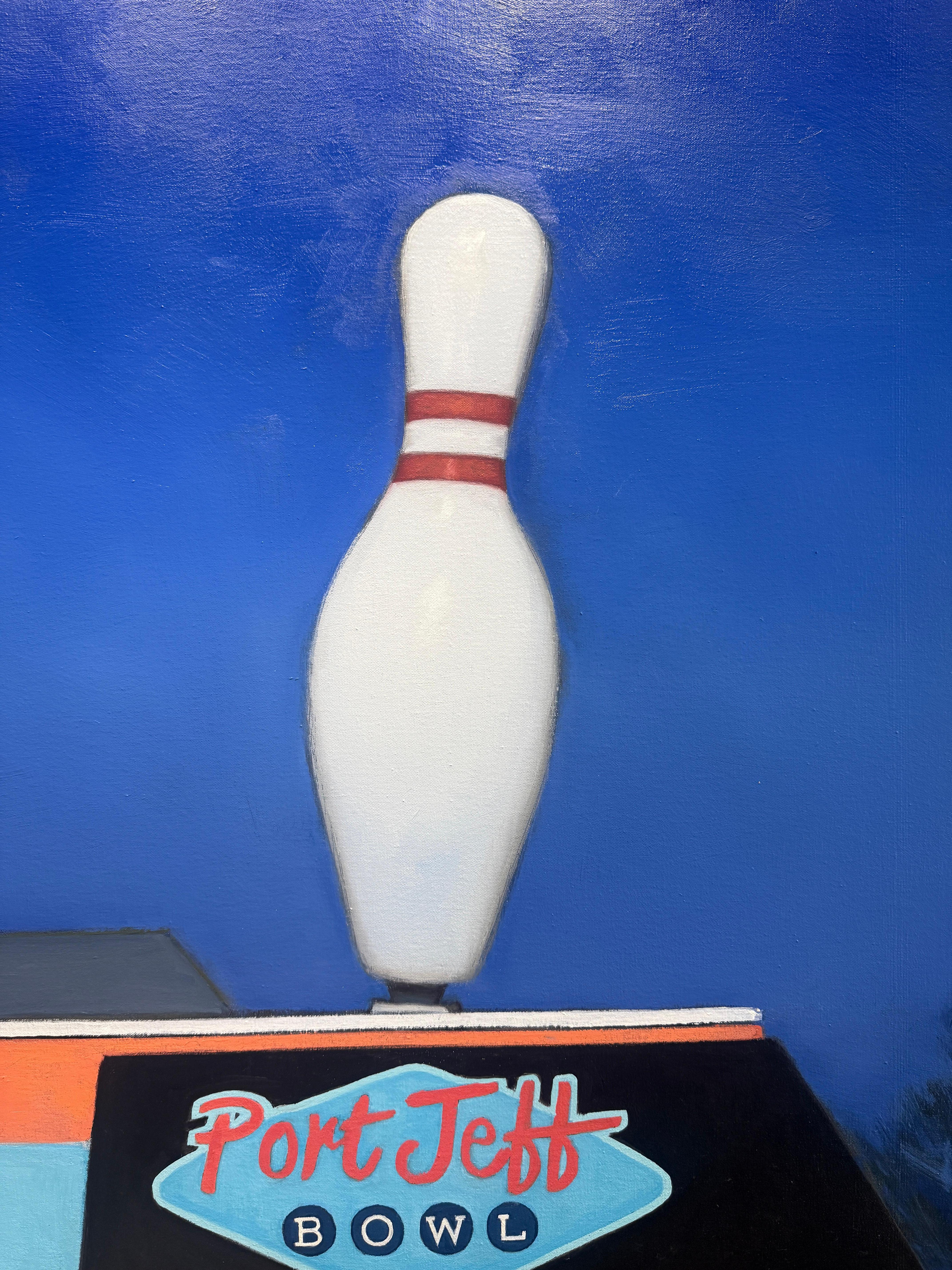 “Port Jeff Bowl” Oil painting, retro bowling alley, architecture Americana For Sale 12