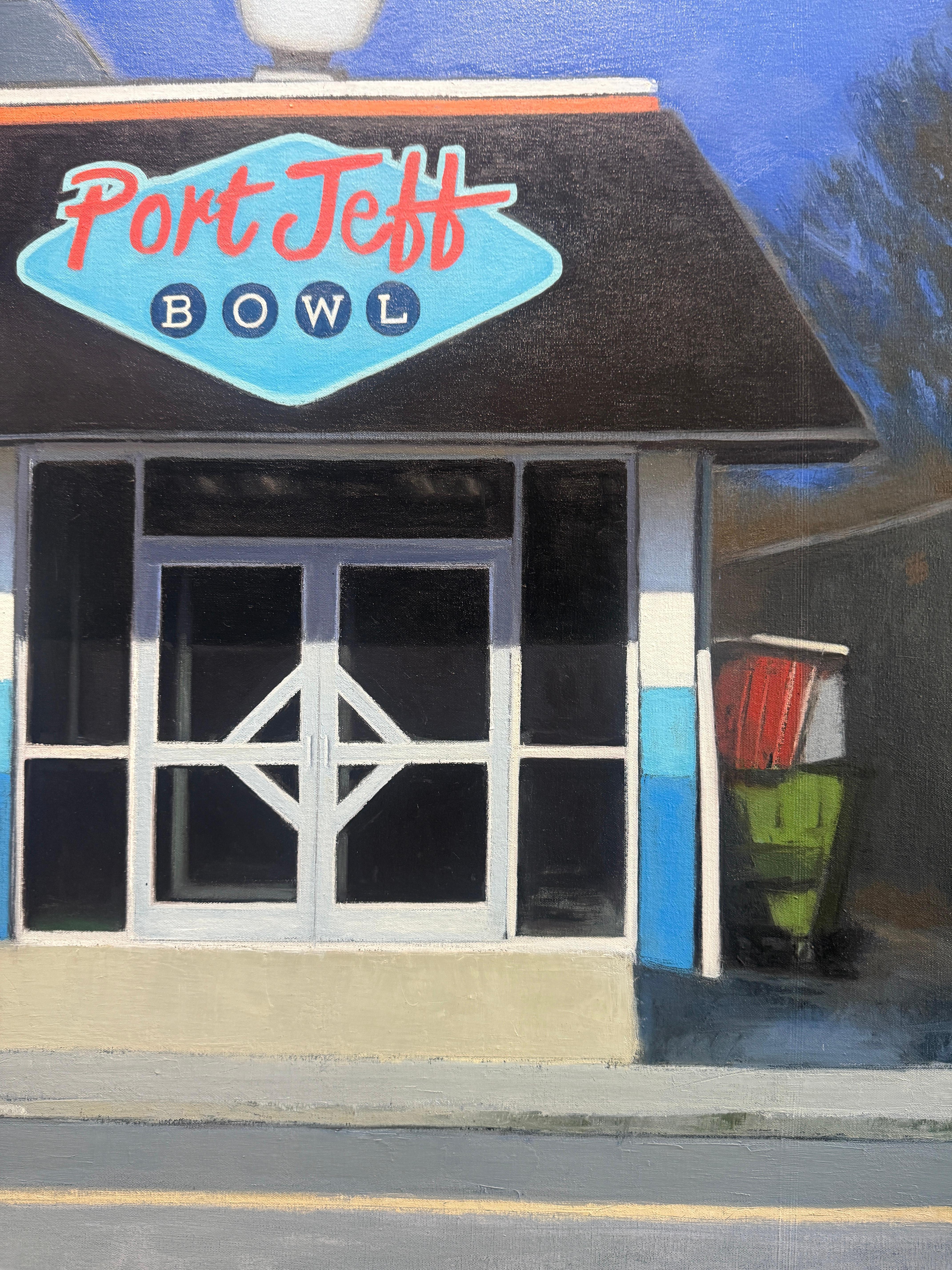 “Port Jeff Bowl” Oil painting, retro bowling alley, architecture Americana For Sale 13