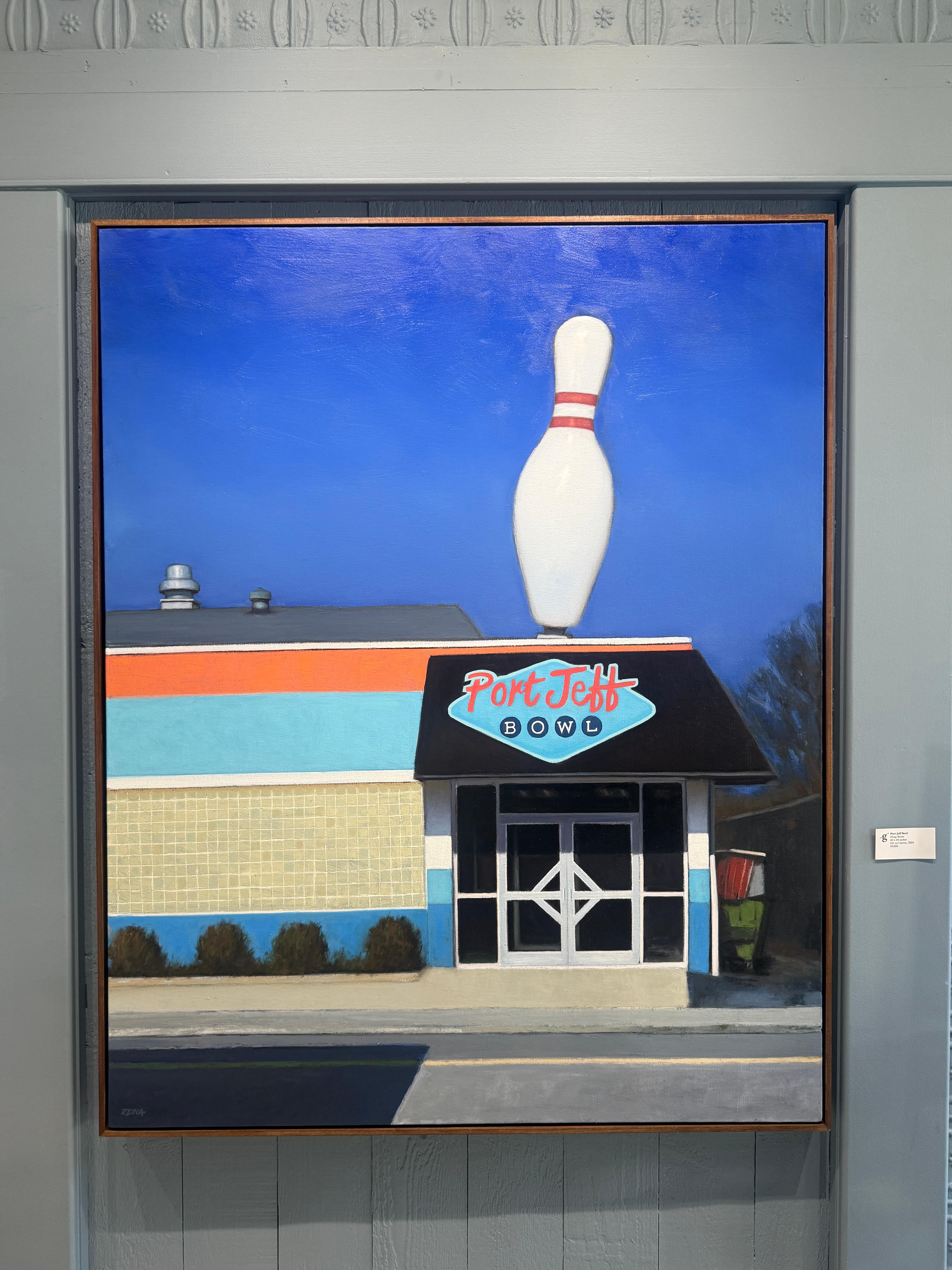 “Port Jeff Bowl” Oil painting, retro bowling alley, architecture Americana - Painting by Doug Reina