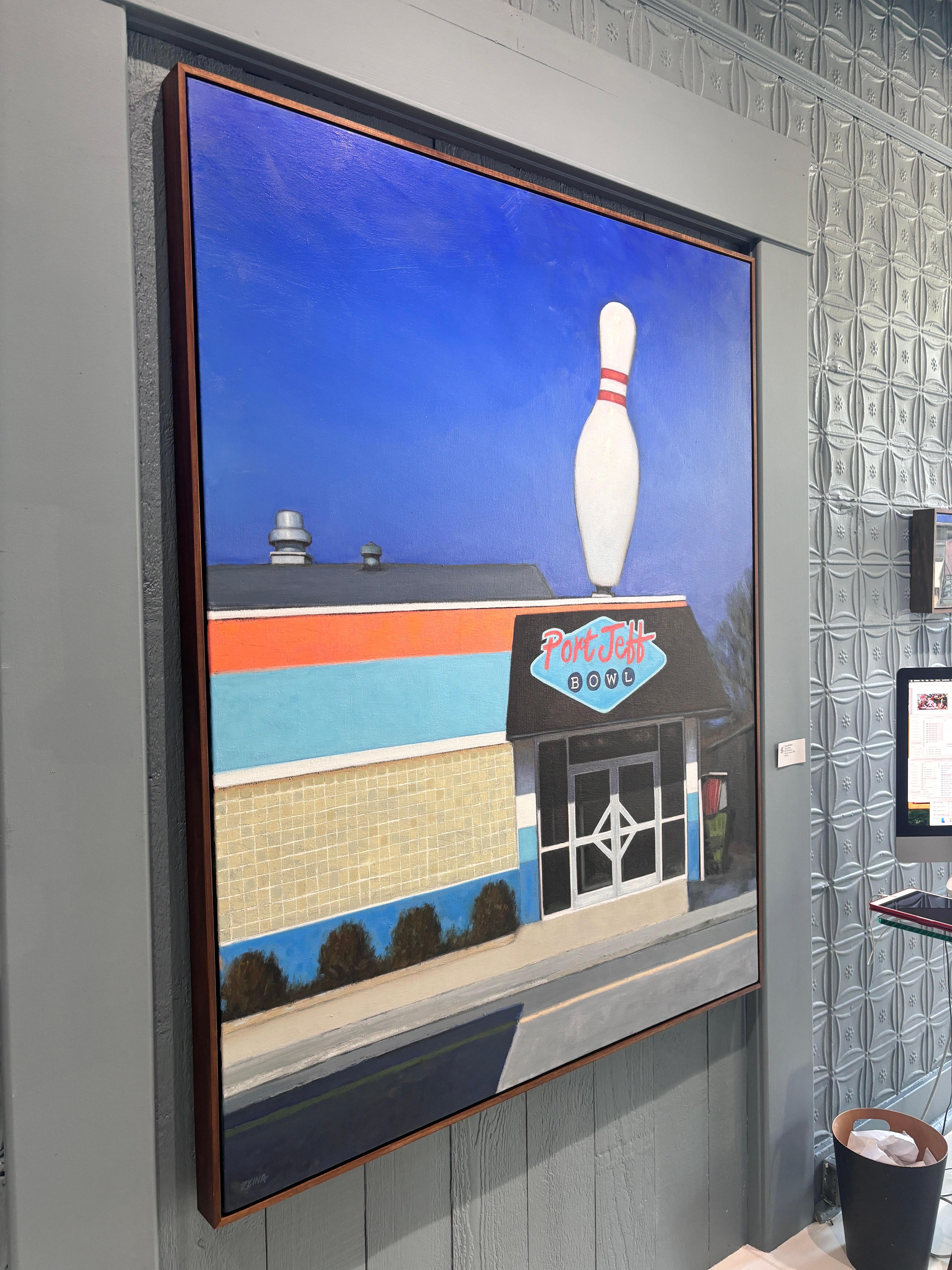 “Port Jeff Bowl” Oil painting, retro bowling alley, architecture Americana - American Realist Painting by Doug Reina