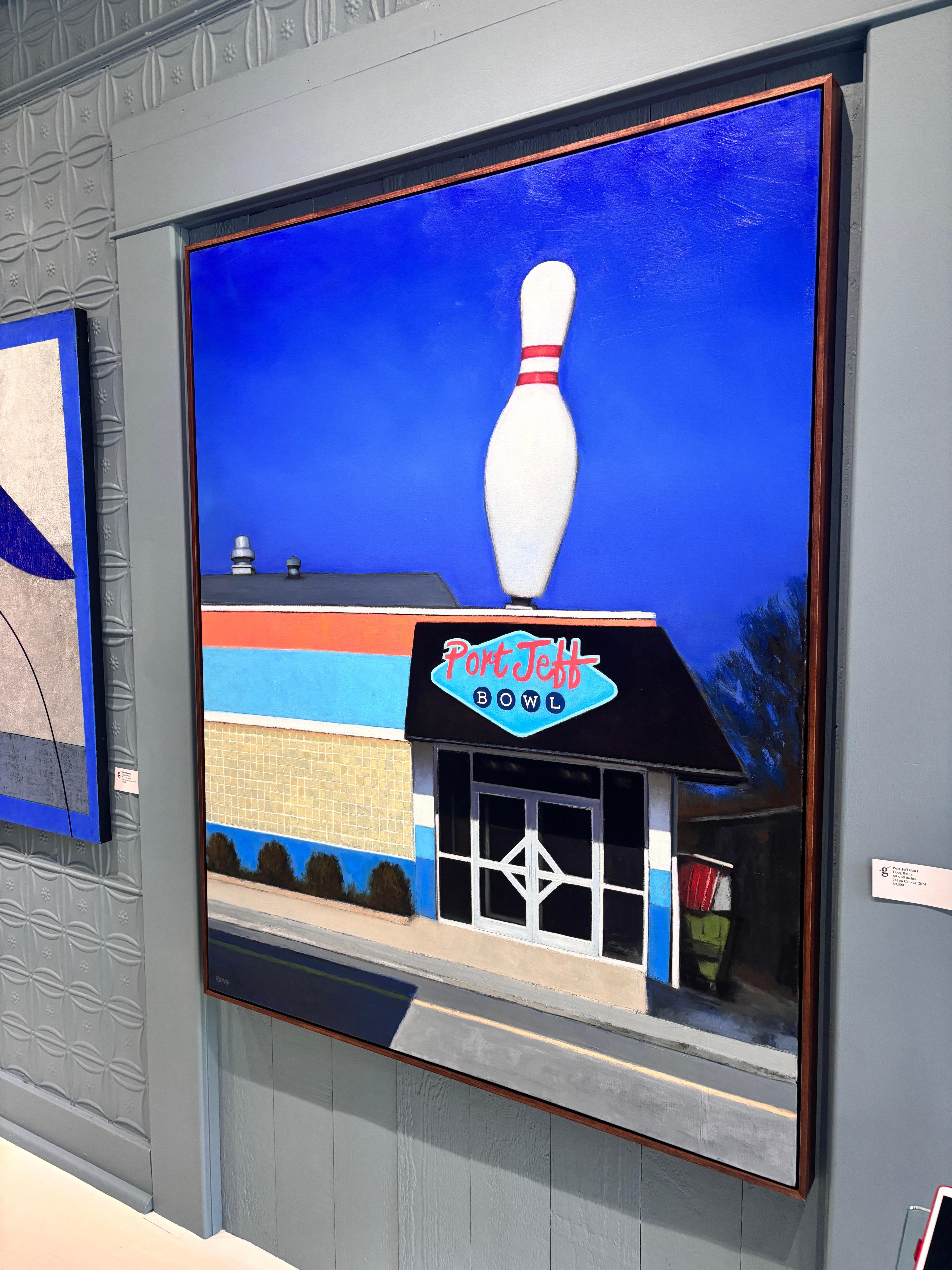 “Port Jeff Bowl” Oil painting, retro bowling alley, architecture Americana - Blue Figurative Painting by Doug Reina
