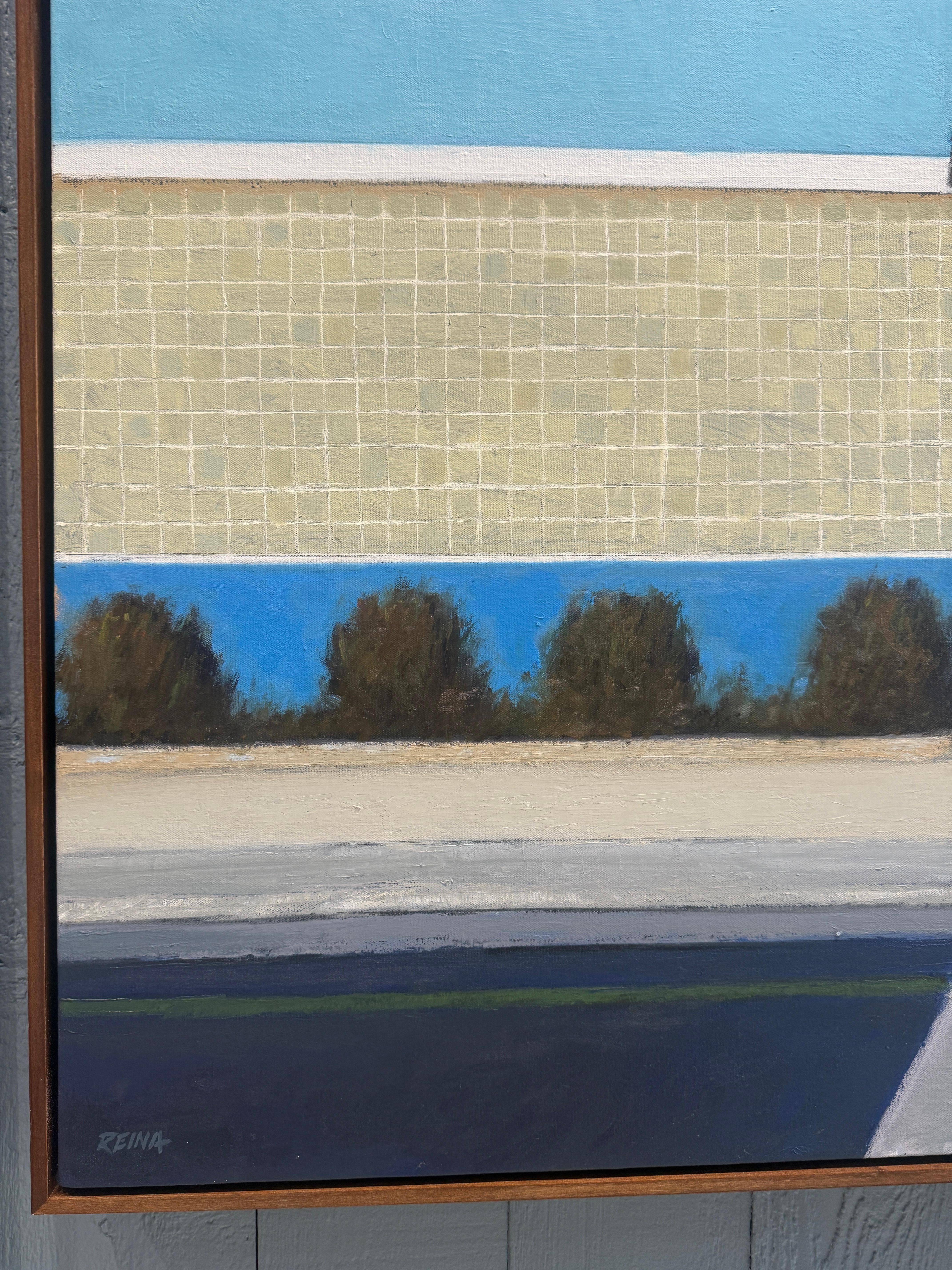 An oil painting by Long Island painter, Doug Reina. A composition portraying the iconic bowling alley in Port Jefferson adorned with a giant white bowling pin, retro aesthetic, and deep blue sky. 

Framed in a natural dark-brown wood floating frame.