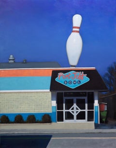 “Port Jeff Bowl” Oil painting, retro bowling alley, architecture Americana