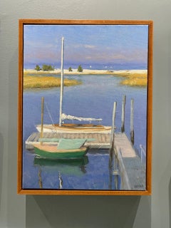 Setauket Segelboote Ölgemälde mit Pleinair-Motiv von Segelbooten in Dock in Holzrahmen