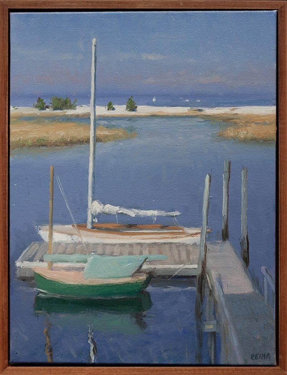 Still-Life Painting de Doug Reina - "Veleros de Setauket "óleo plein-air veleros en el muelle en marco de madera