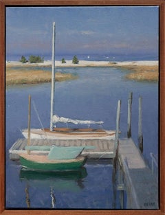 "Setauket Sailboats "dipinto a olio plein-air di barche a vela al molo in cornice di legno