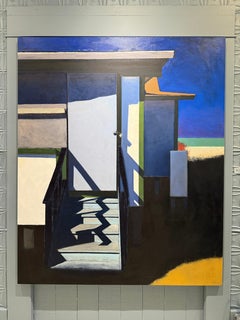 ”Shack Front” large-scale oil painting of beach bungalow, color-block, saturated