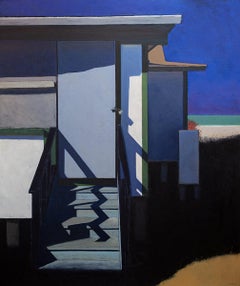 ”Shack Front” large-scale oil painting of beach bungalow, color-block, saturated