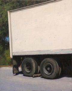 "Truck" Amerikanisches modernes realistisches Ölgemälde, Frachtkoffer-LKW, klare Linien