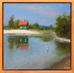 ”Wading at Sand St. Beach” oil painting, woman in the water, signed and framed