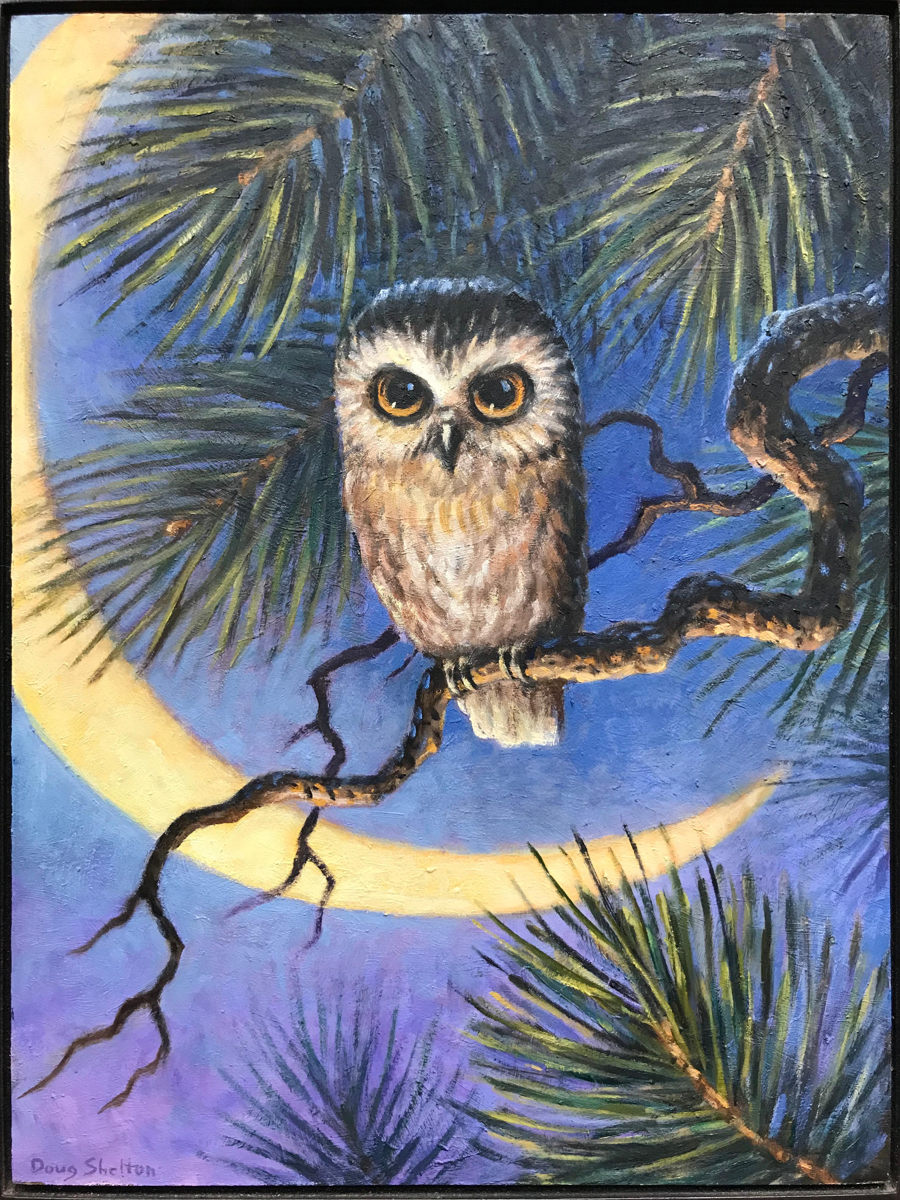 Doug Shelton Animal Painting - Owl and Moon