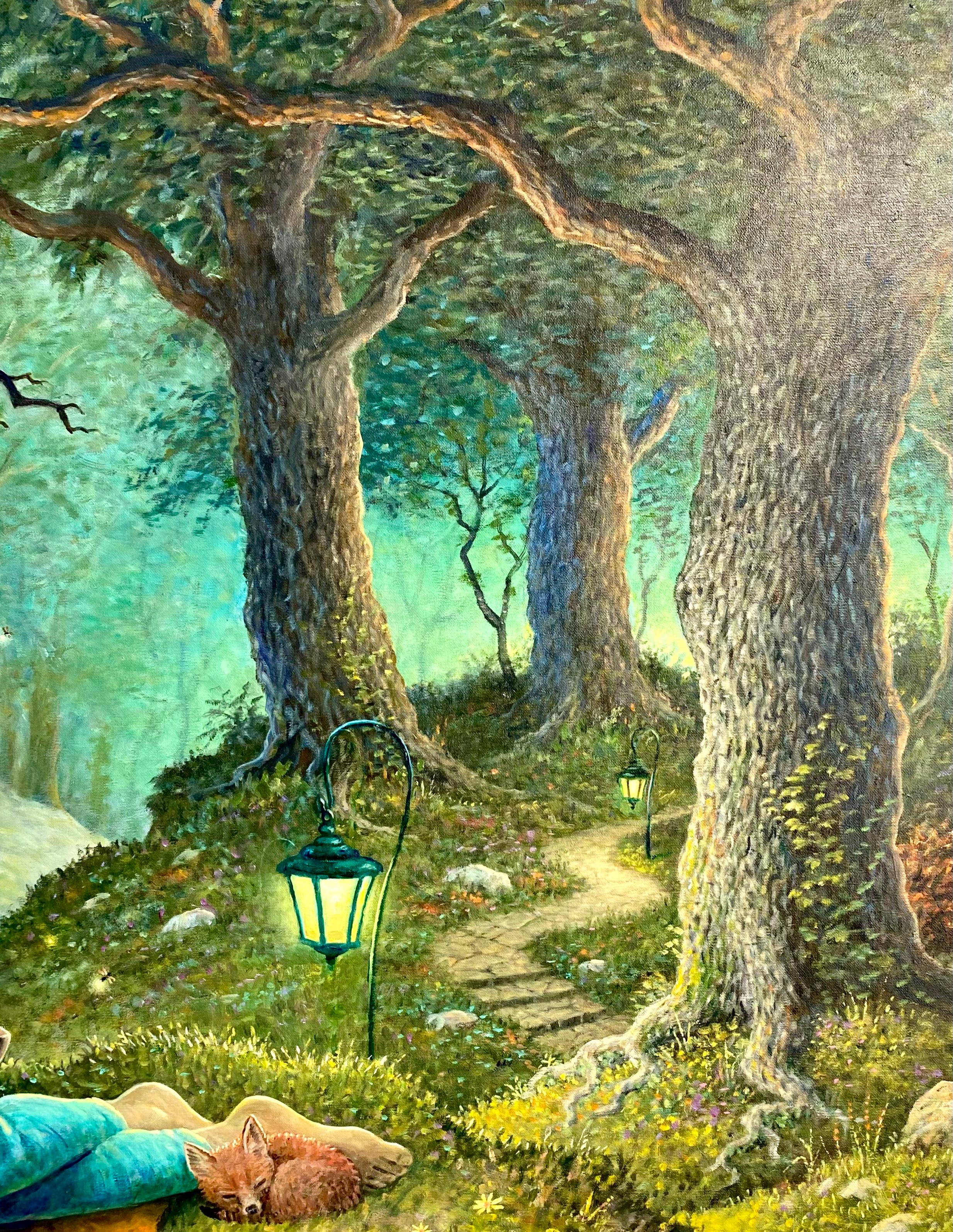 A woman relaxes on the ground in the forest. She has a small book and record player with her. A baby fox lays curled up at her feet and an owl sits nearby on a tree branch. A small stone path can be seen that winds through the forest, flanked by